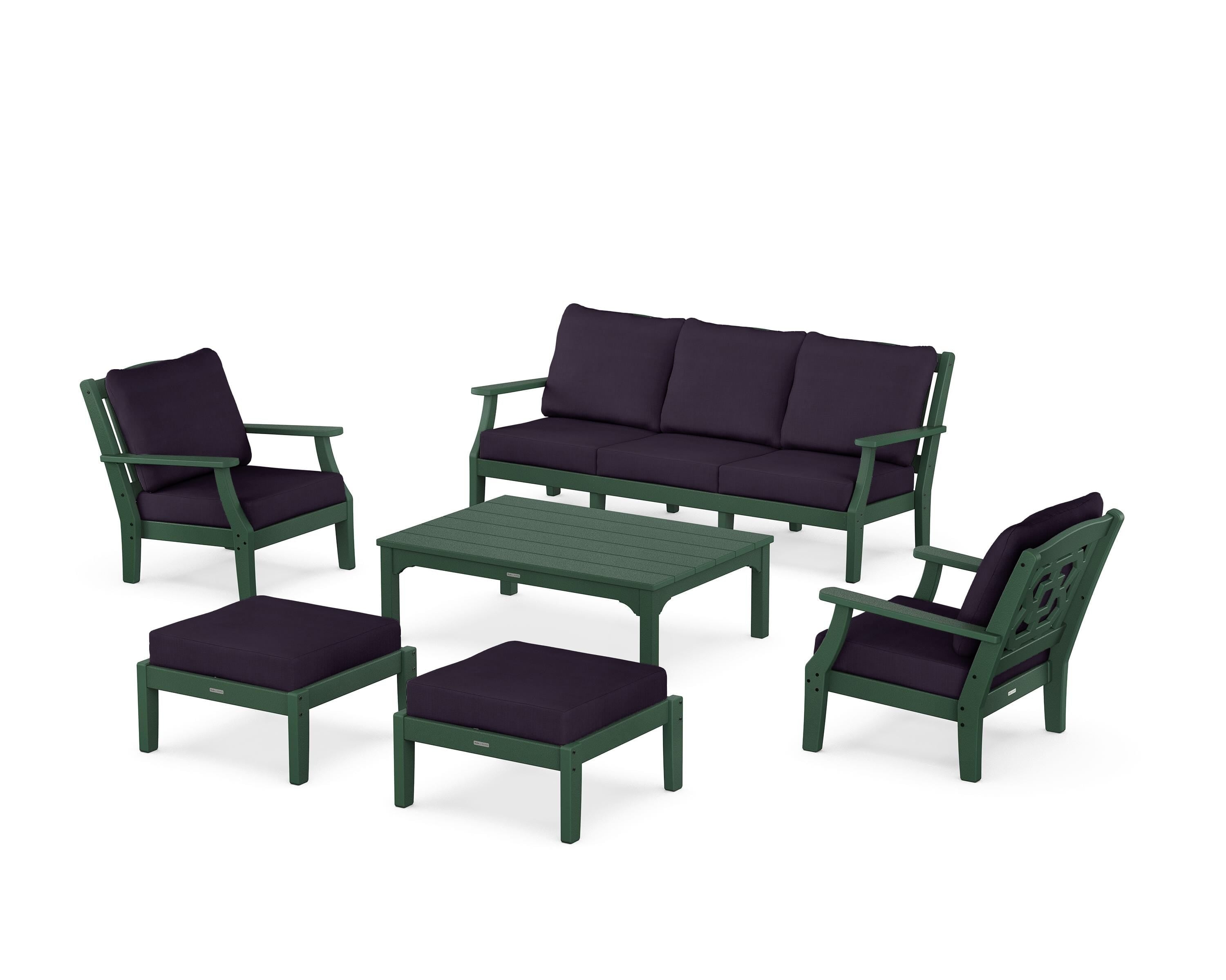 Martha Stewart by POLYWOOD Chinoiserie 6-Piece Lounge Sofa Set in Green / Navy Linen