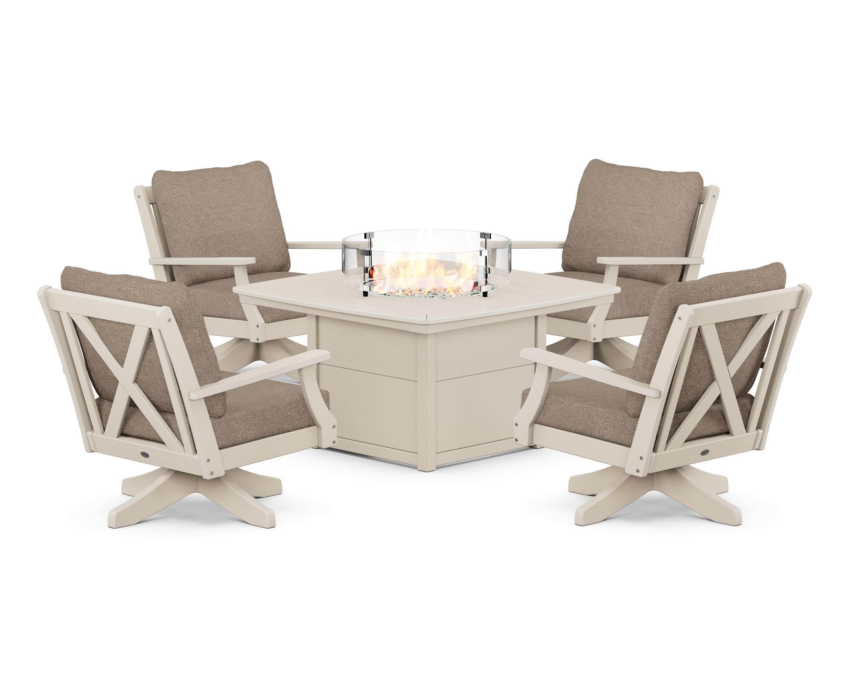 POLYWOOD Braxton 5-Piece Deep Seating Swivel Conversation Set with Fire Pit Table in Sand / Spiced Burlap