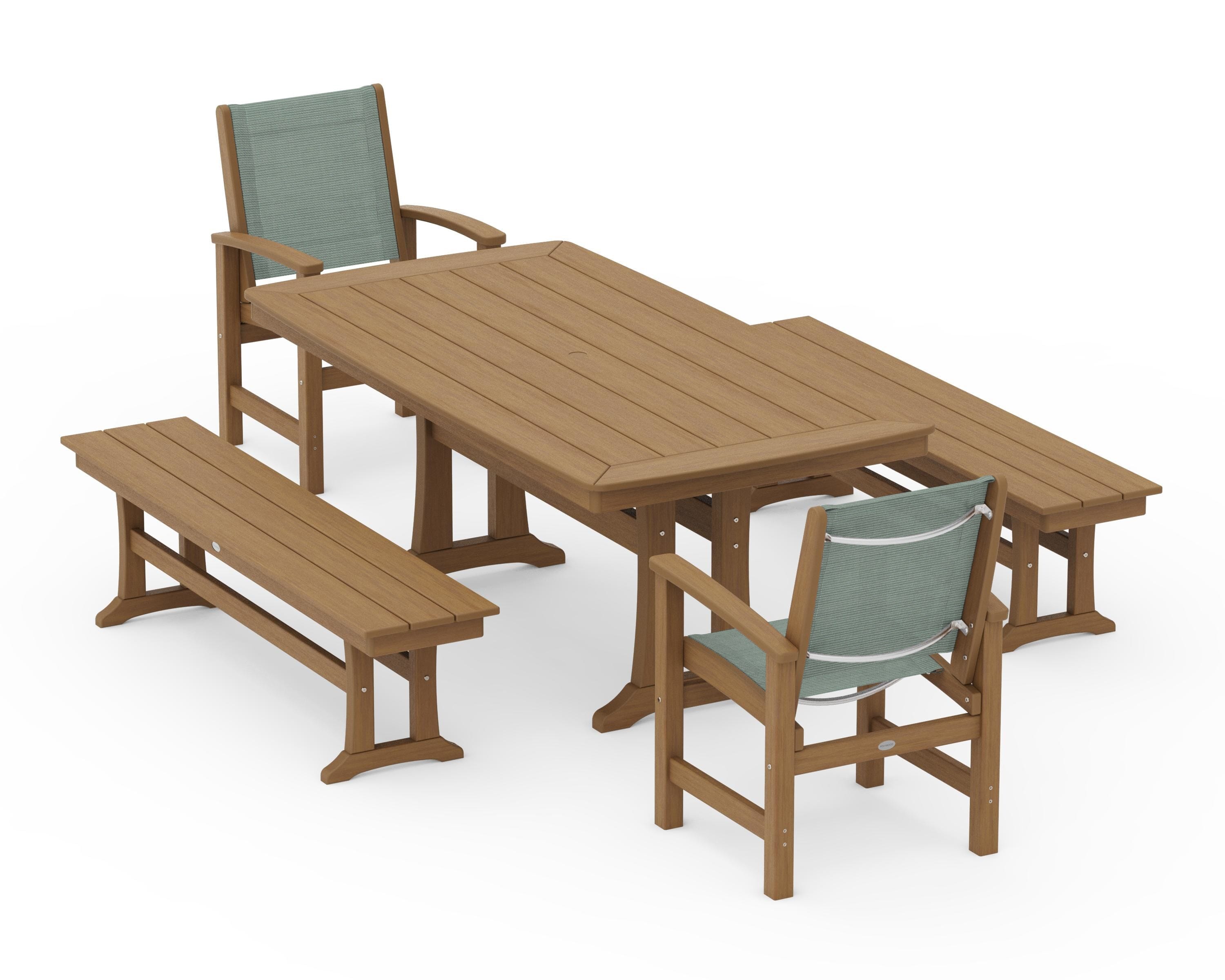 POLYWOOD Coastal 5-Piece Dining Set with Trestle Legs and Benches in Natural / Dupioni Sea Mist Sling