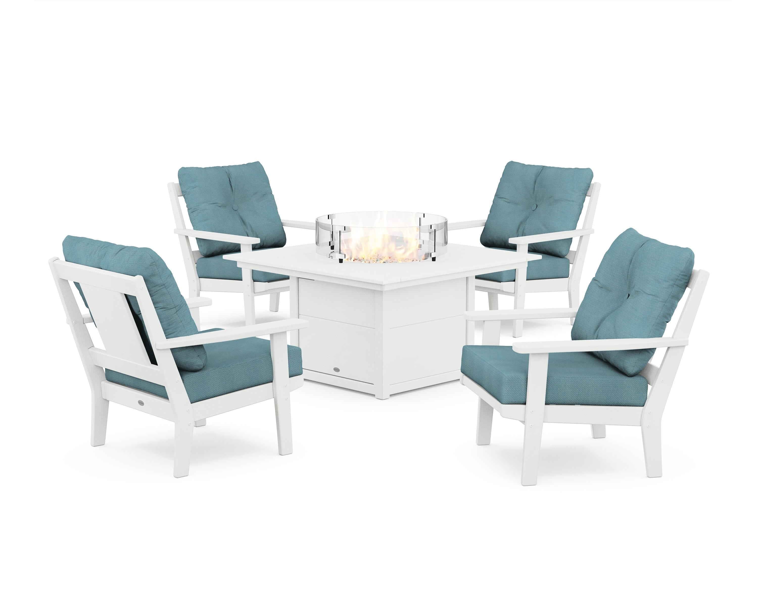 POLYWOOD Prairie 5-Piece Deep Seating Set with Fire Pit Table in White / Lattice Sky Blue