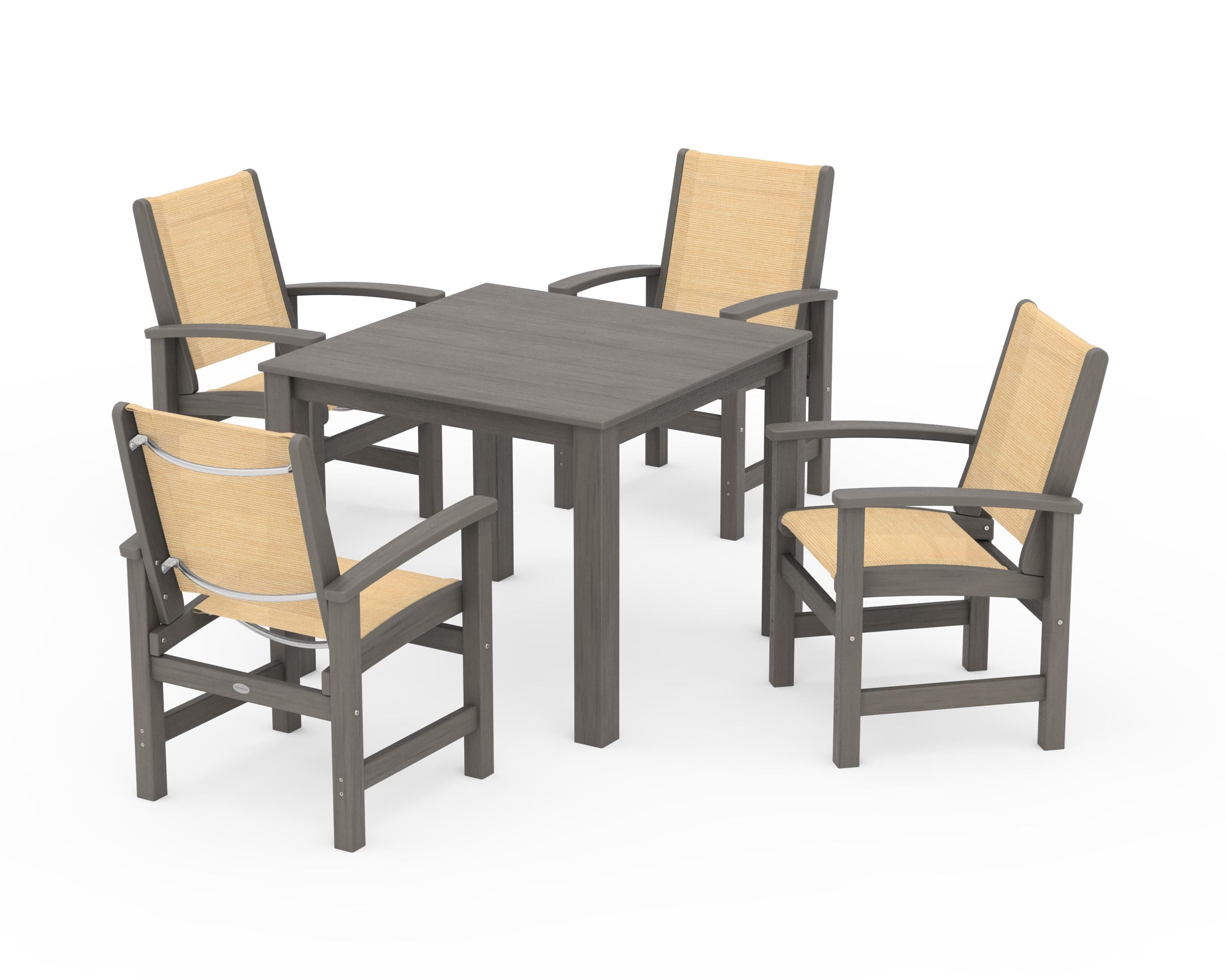 POLYWOOD Coastal 5-Piece Parsons Dining Set in Driftwood / Dupioni Apricot Sling