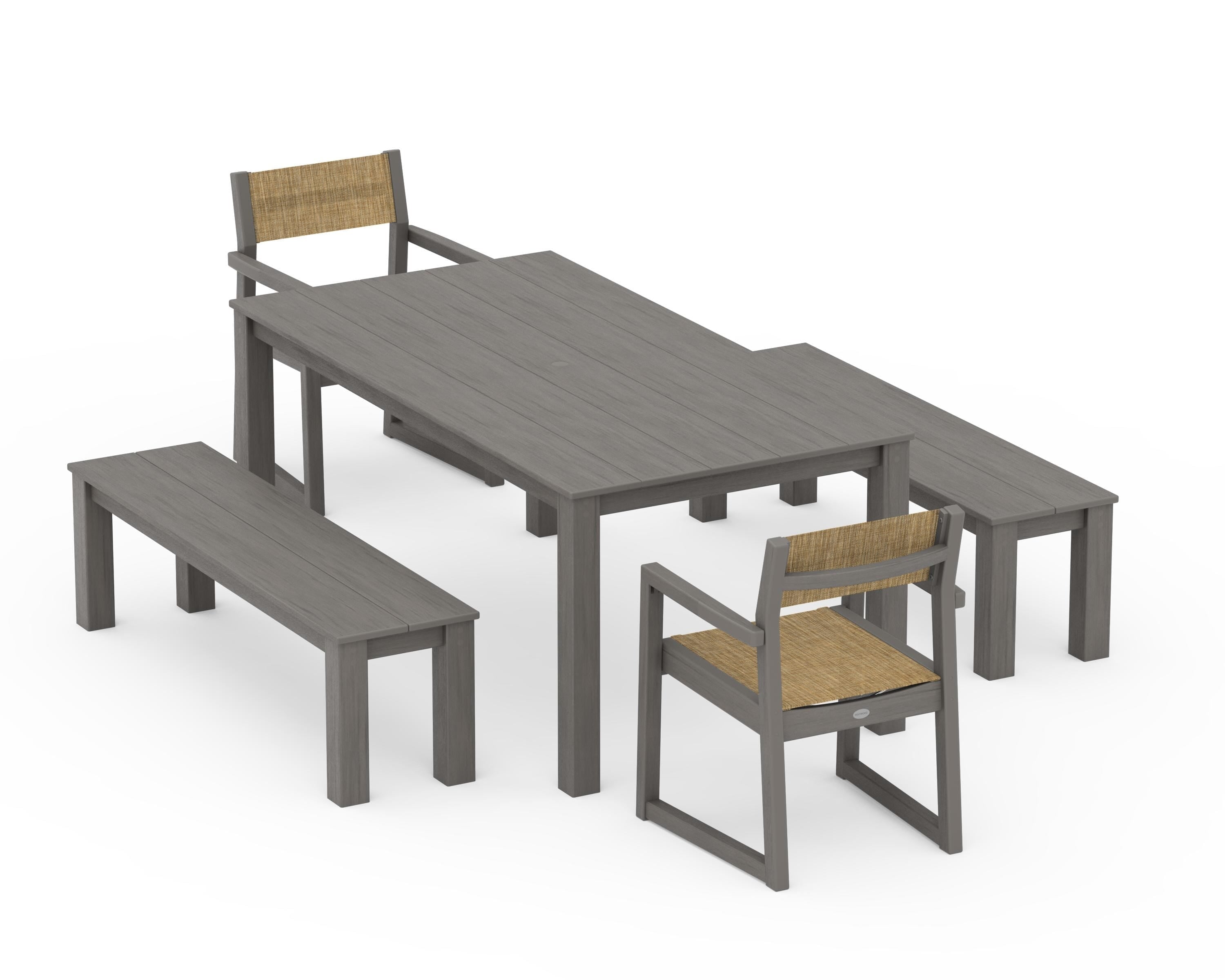 POLYWOOD EDGE Sling Arm Chair 5-Piece Parsons Dining Set with Benches in Driftwood / Burlap Sling