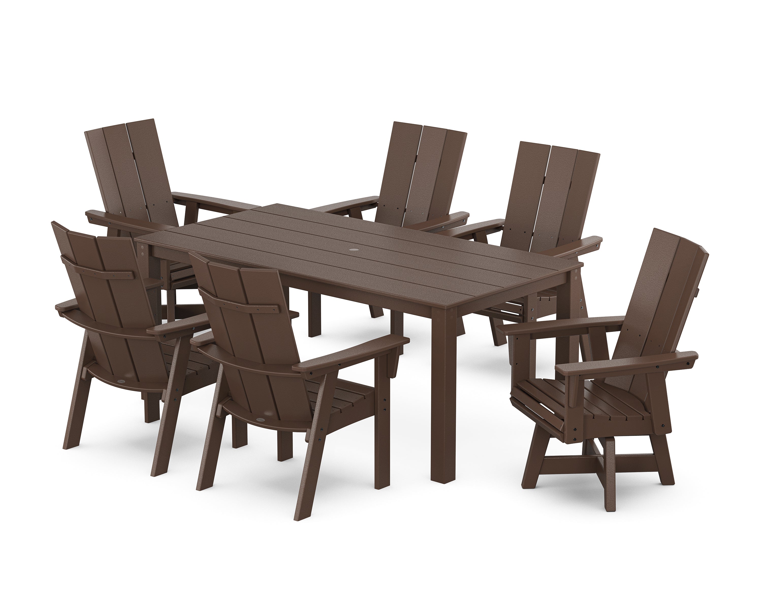 POLYWOOD® Modern Curveback Adirondack 7-Piece Parsons Swivel Dining Set in Mahogany