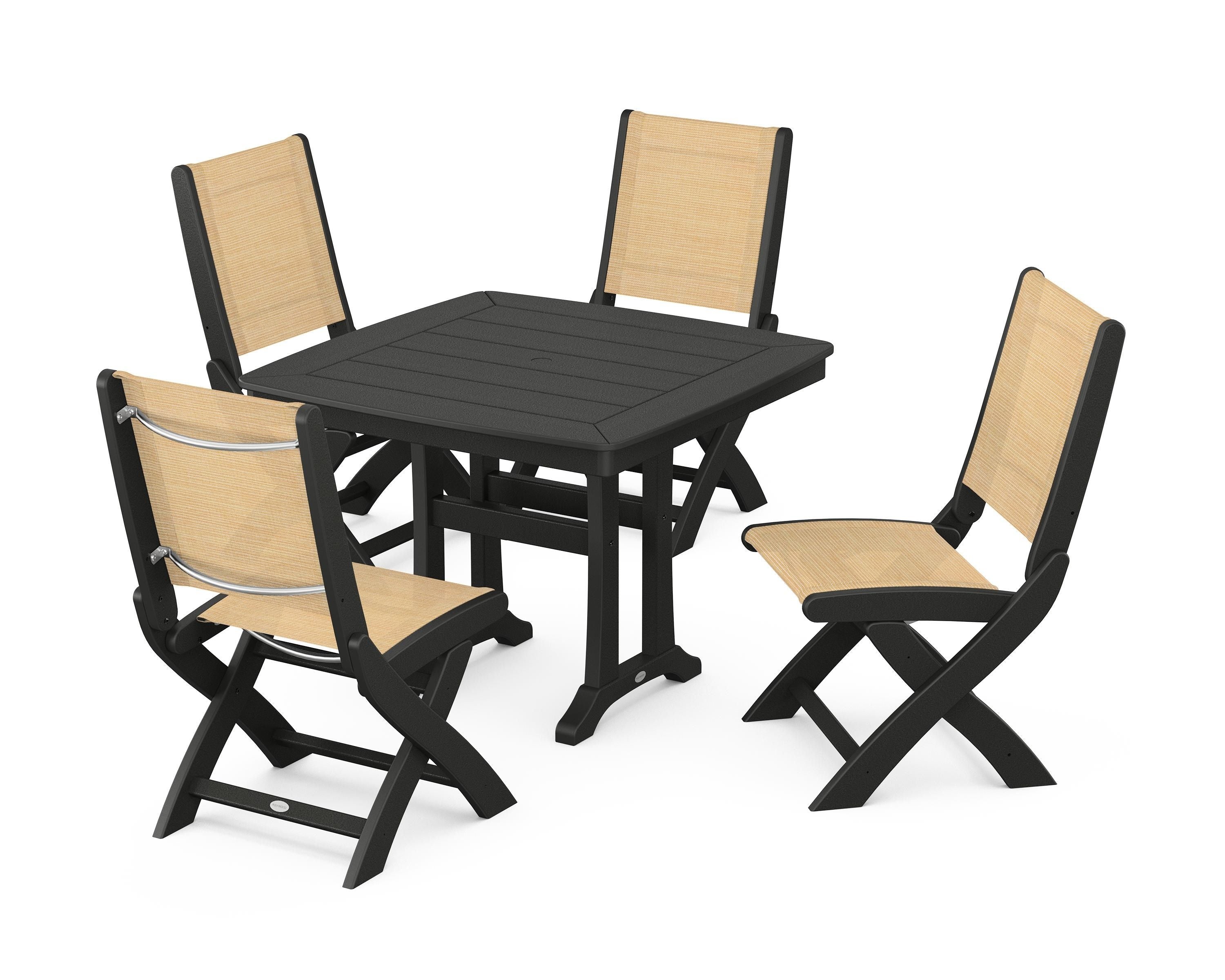 POLYWOOD Coastal Folding Side Chair 5-Piece Dining Set with Trestle Legs in Black / Dupioni Apricot Sling