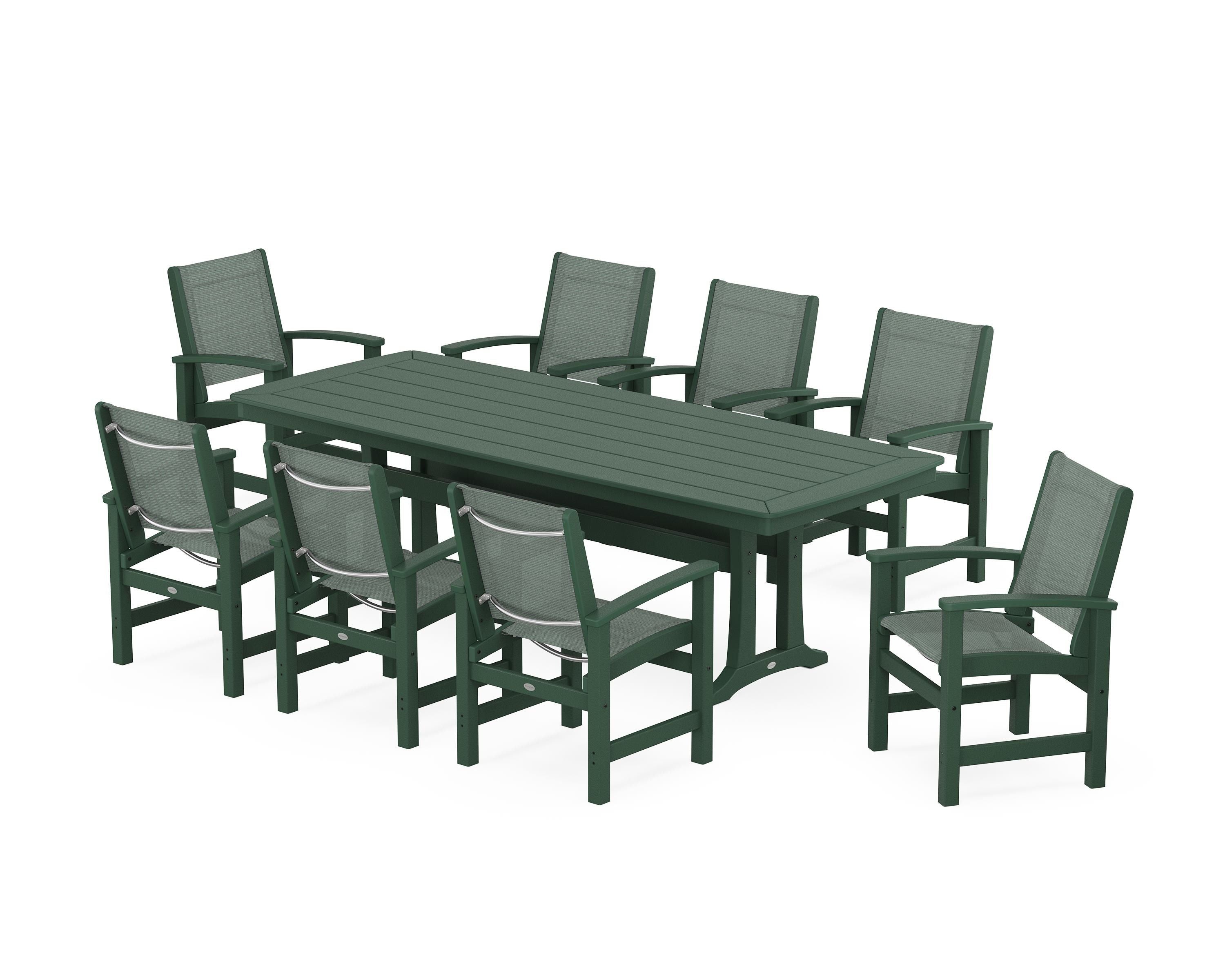POLYWOOD Coastal 9-Piece Dining Set with Trestle Legs in Green / Dupioni Sea Mist Sling