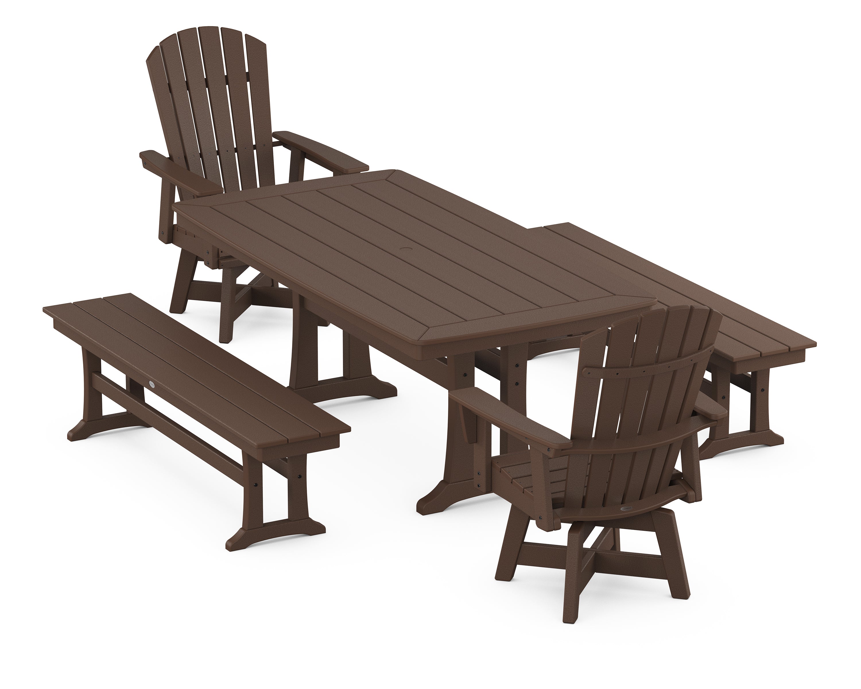 POLYWOOD® Nautical Curveback Adirondack Swivel Chair 5-Piece Dining Set with Trestle Legs and Benches in Mahogany