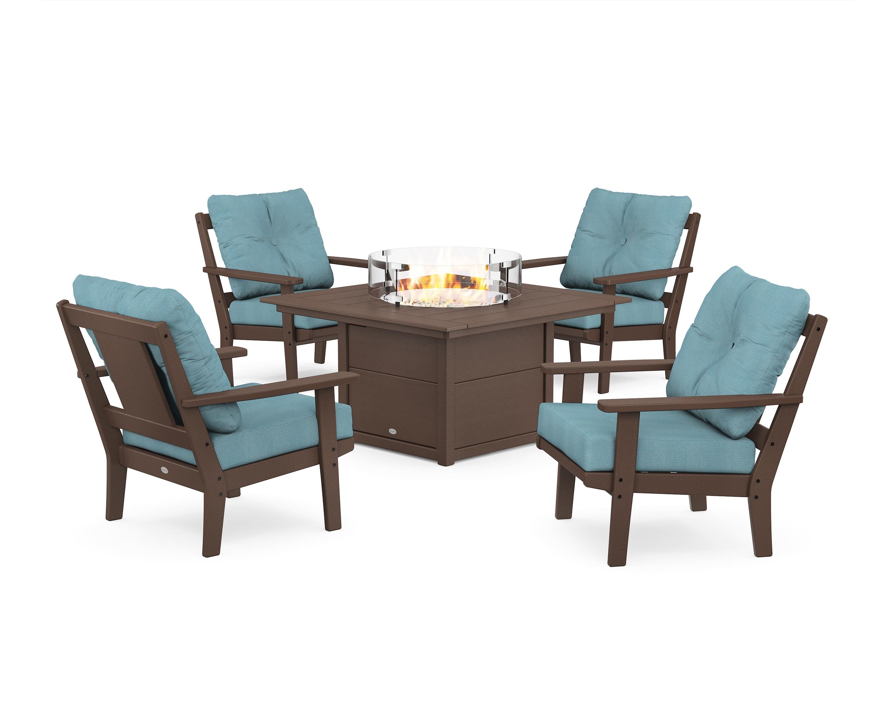 POLYWOOD Prairie 5-Piece Deep Seating Set with Fire Pit Table in Mahogany / Lattice Sky Blue