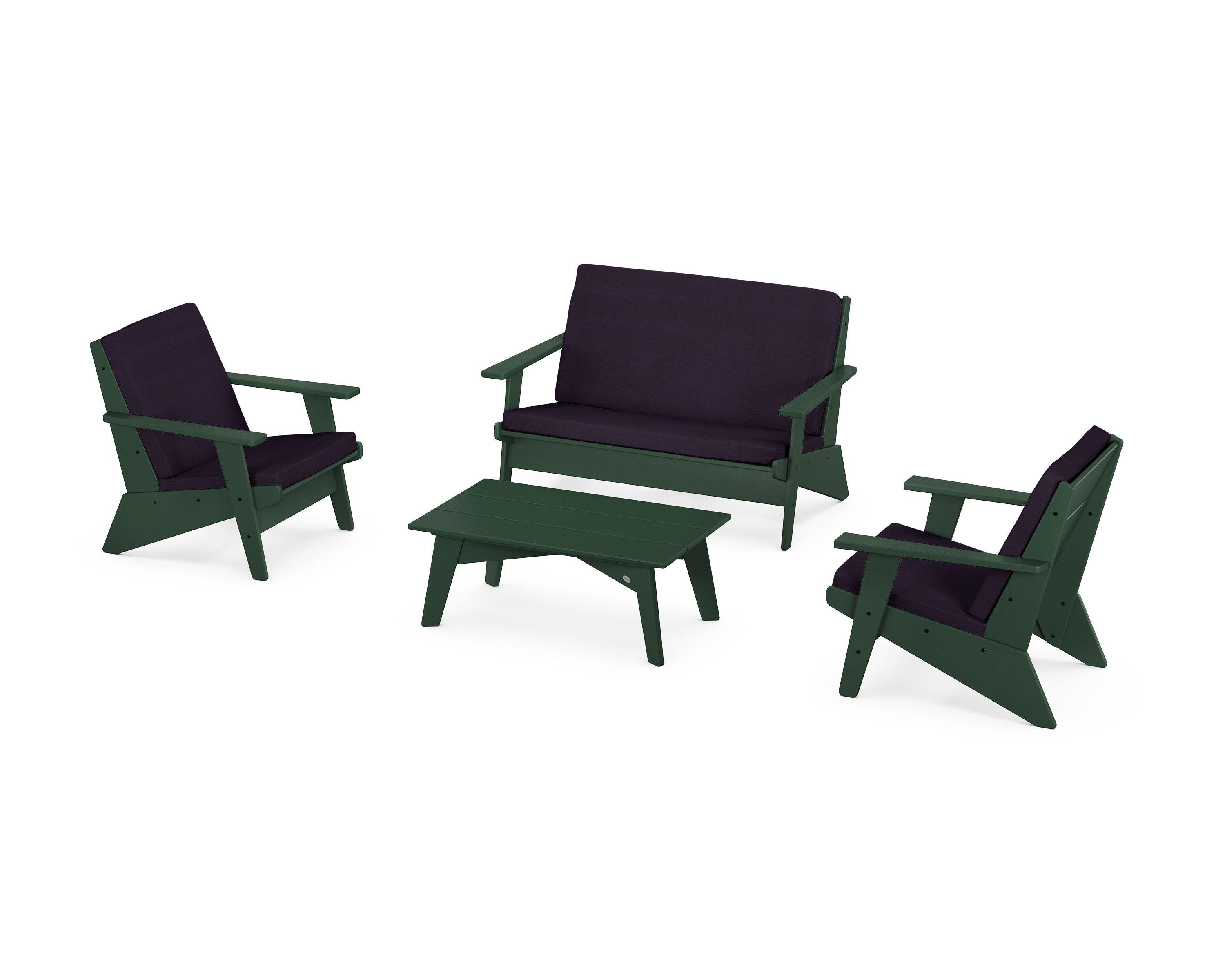 POLYWOOD Riviera Modern Lounge 4-Piece Set in Green / Navy Linen