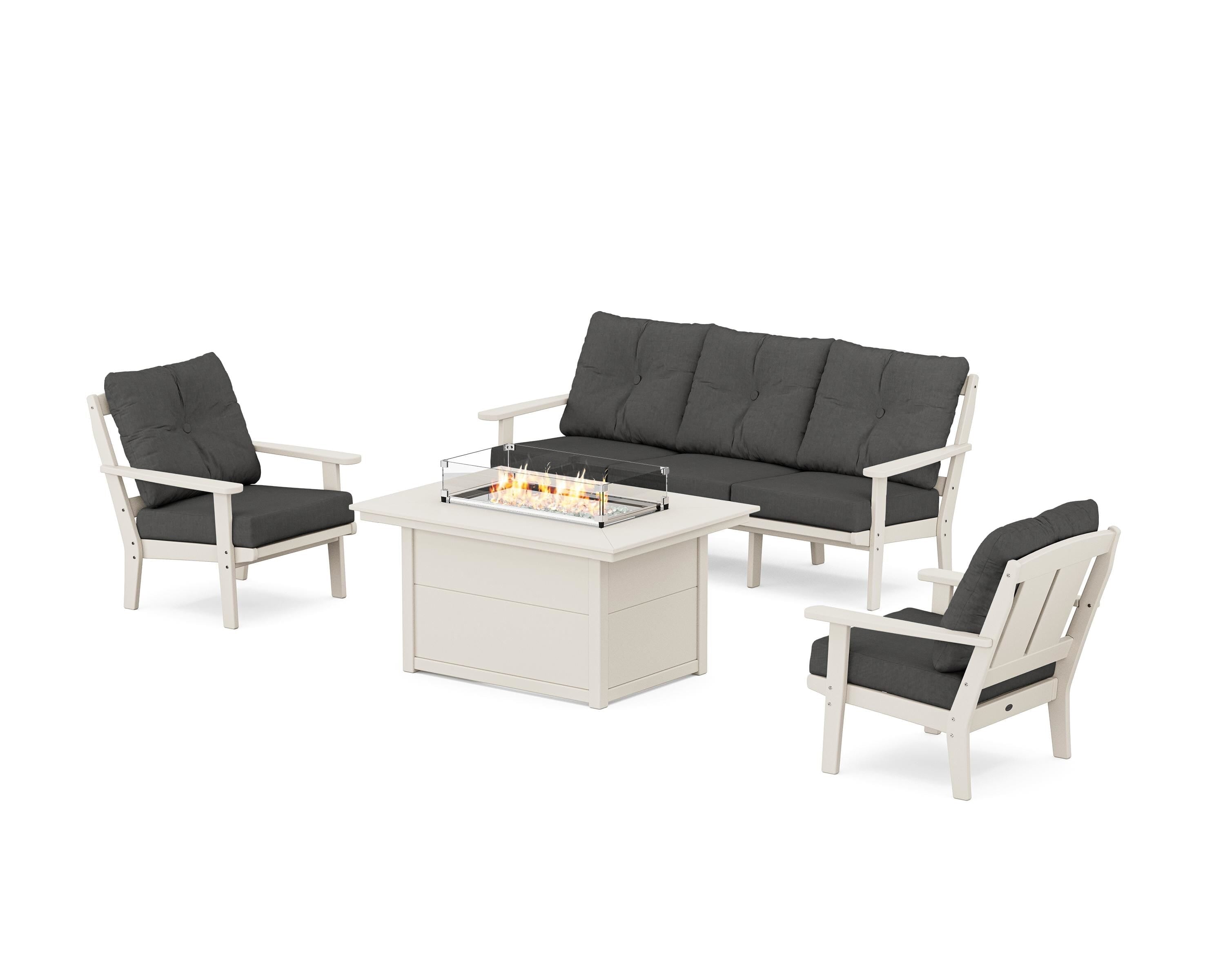 POLYWOOD Mission Deep Seating Fire Pit Table Set in Sand / Spectrum Carbon