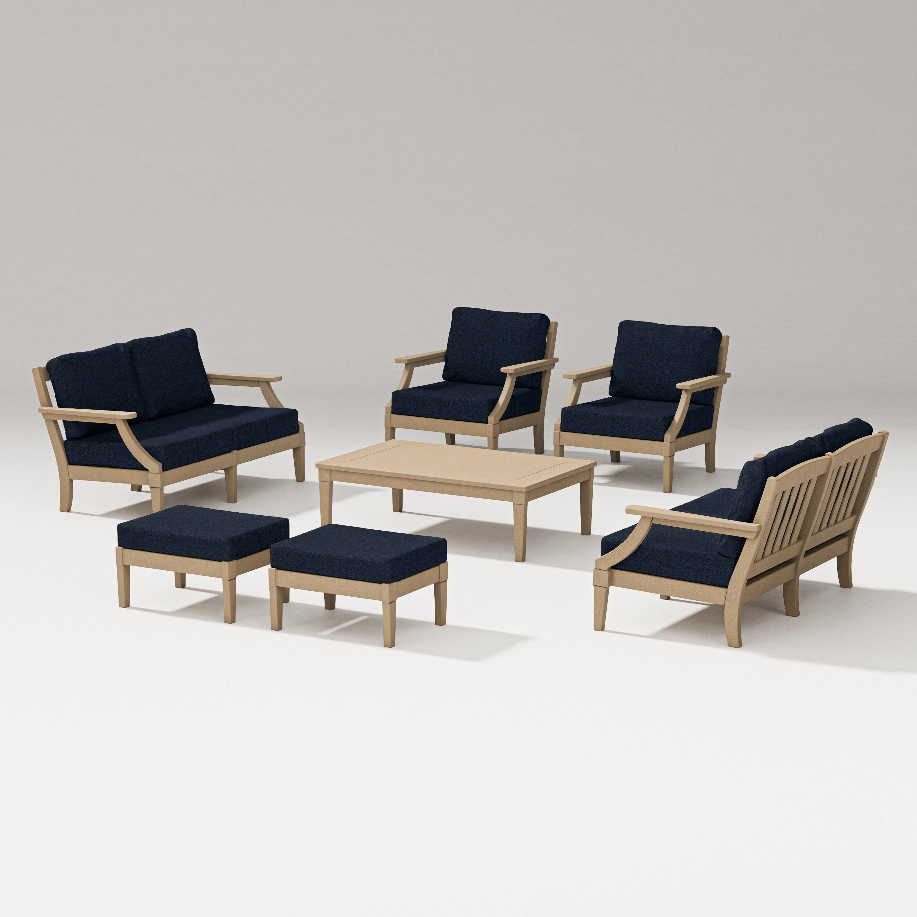 PW Designer Series Estate 7-Piece Lounge Loveseat Set in Vintage Sahara / Marine Indigo