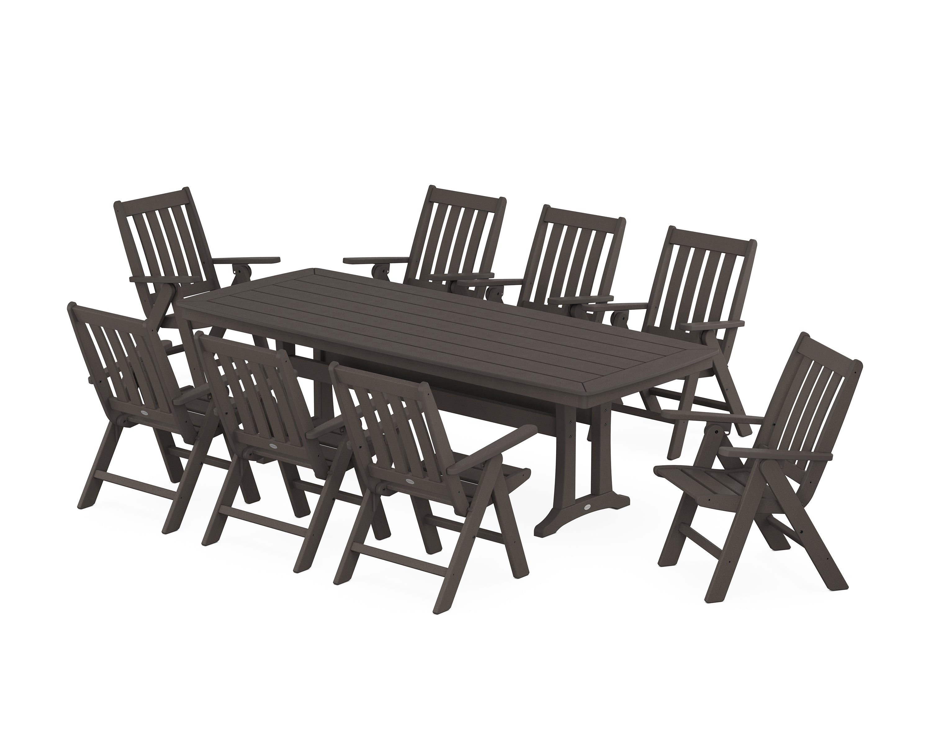 POLYWOOD® Vineyard Folding 9-Piece Dining Set with Trestle Legs in Vintage Coffee