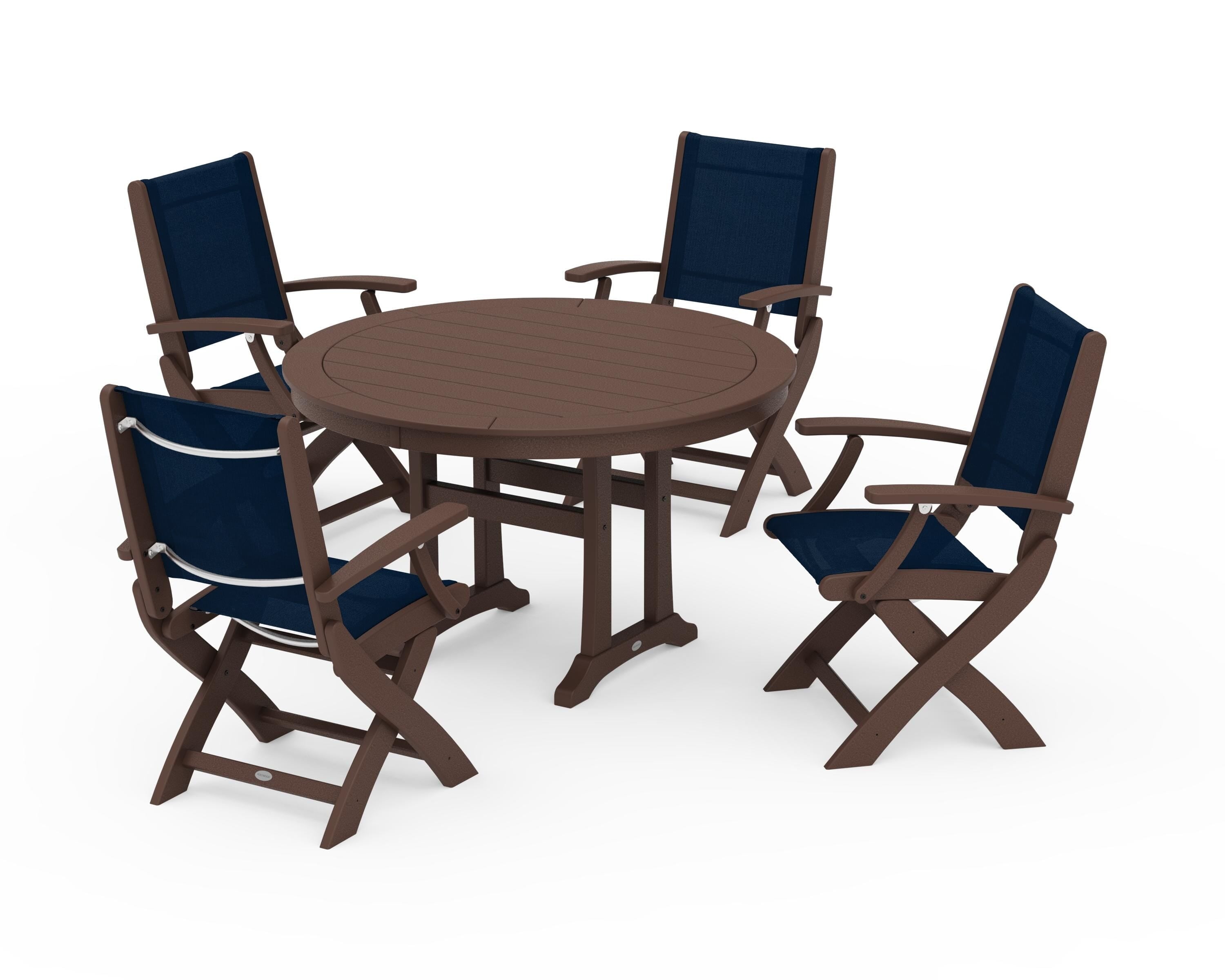 POLYWOOD Coastal Folding Chair 5-Piece Round Dining Set with Trestle Legs in Mahogany / Navy Blue Sling