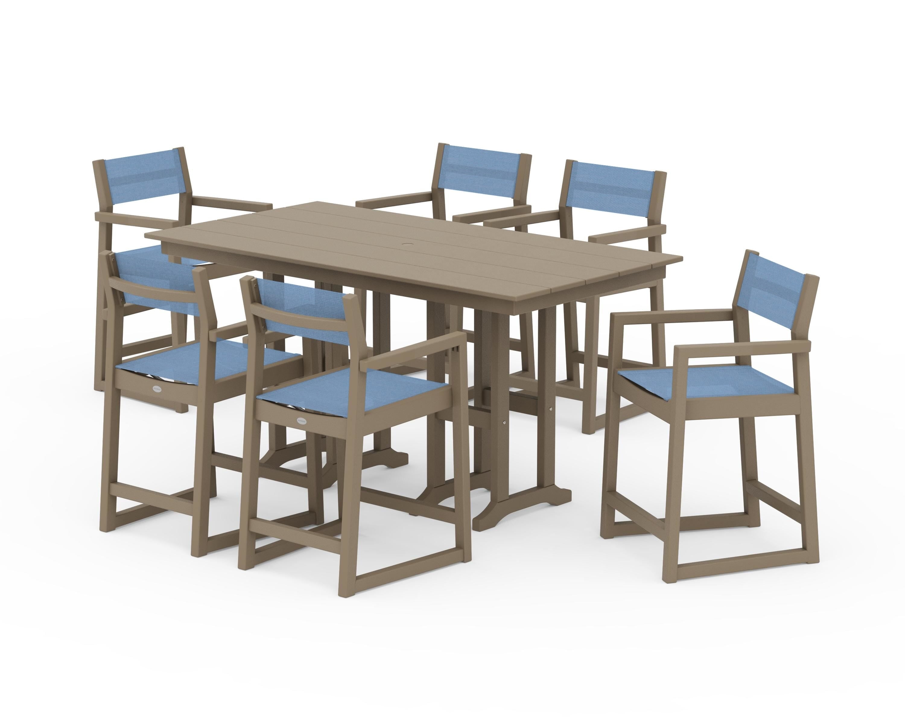 POLYWOOD EDGE Sling Arm Chair 7-Piece Farmhouse Counter Set in Vintage Sahara / Poolside Sling