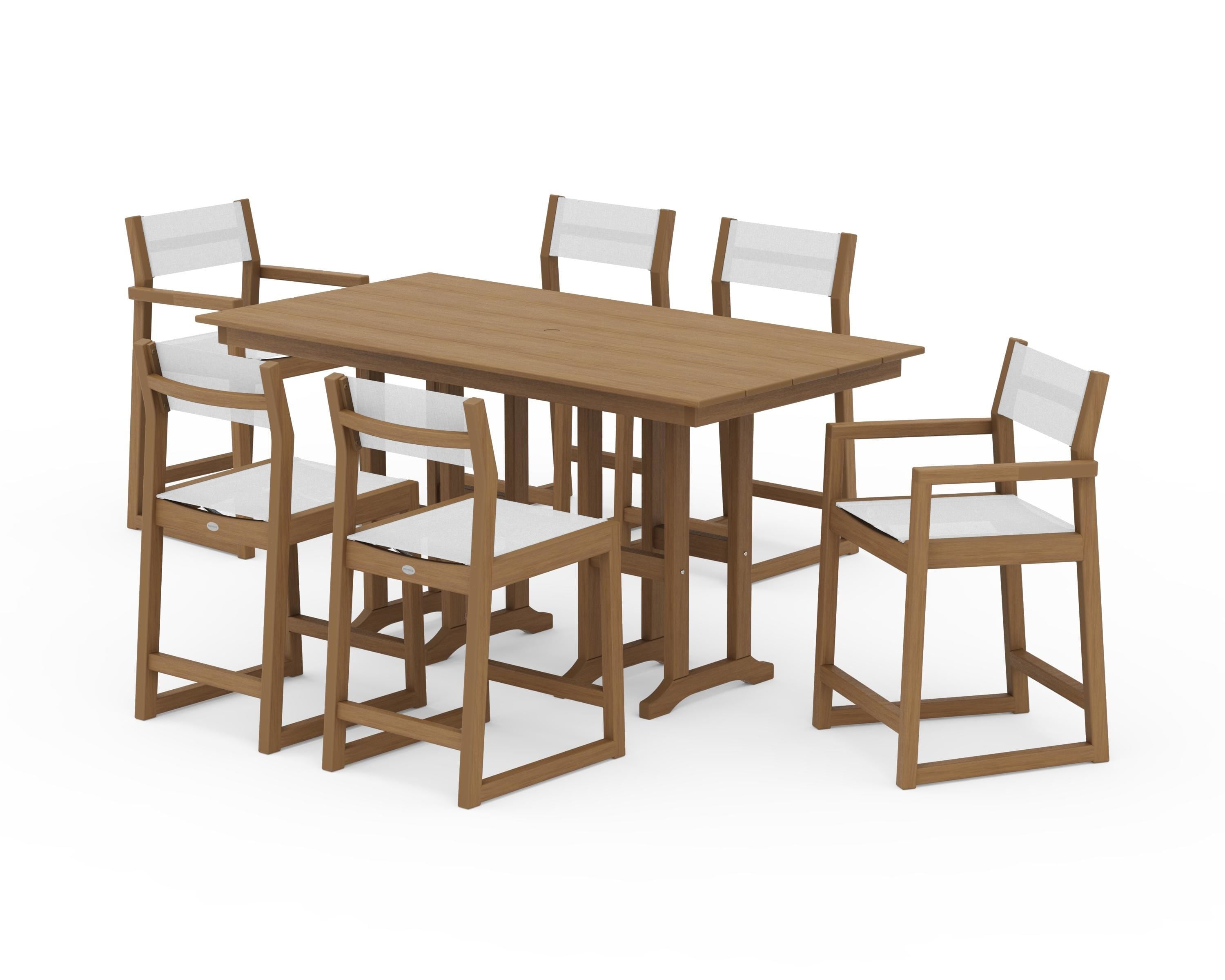 POLYWOOD EDGE Sling 7-Piece Farmhouse Counter Set with Trestle Legs in Natural / White Sling