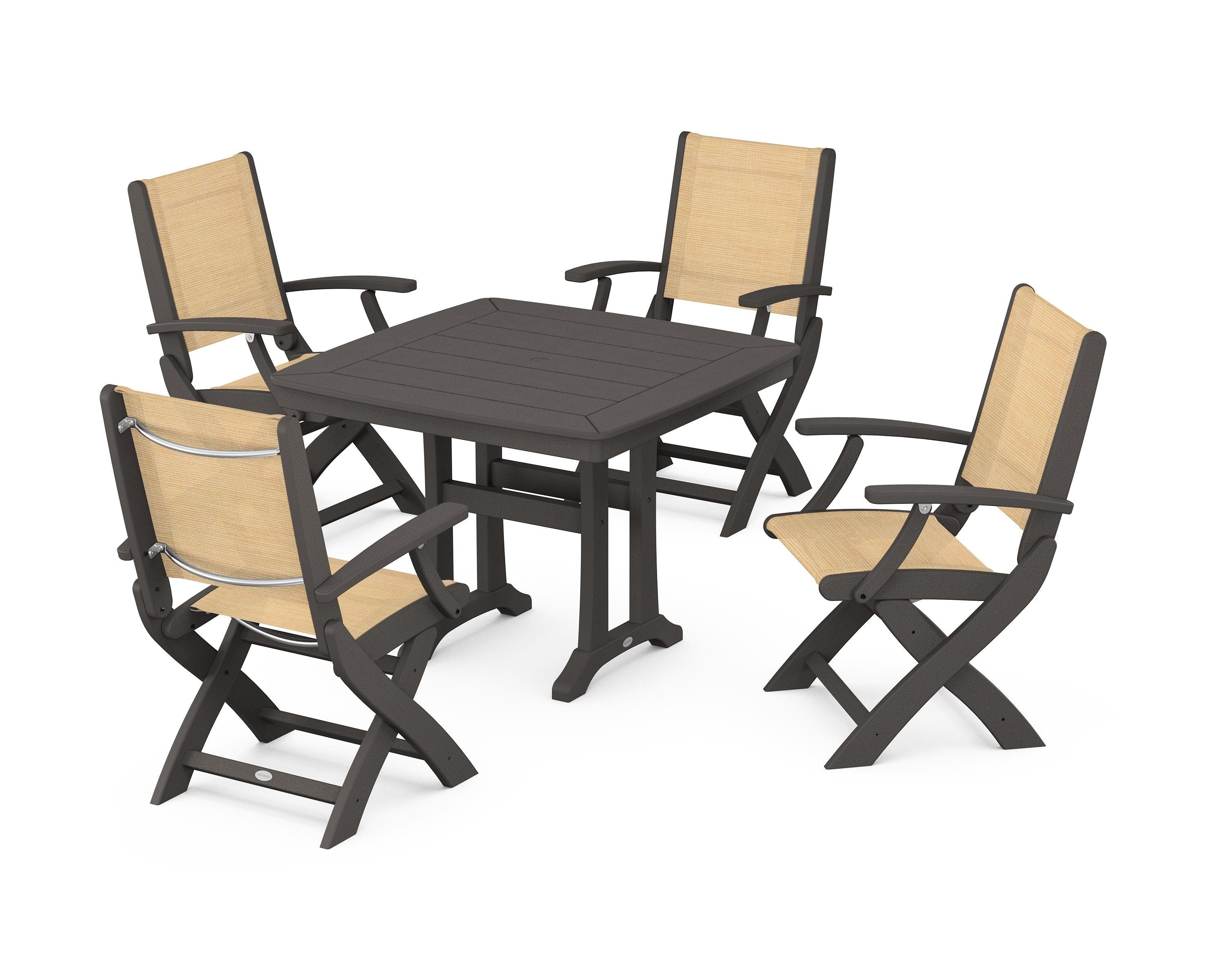 POLYWOOD Coastal Folding Chair 5-Piece Dining Set with Trestle Legs in Vintage Coffee / Dupioni Apricot Sling