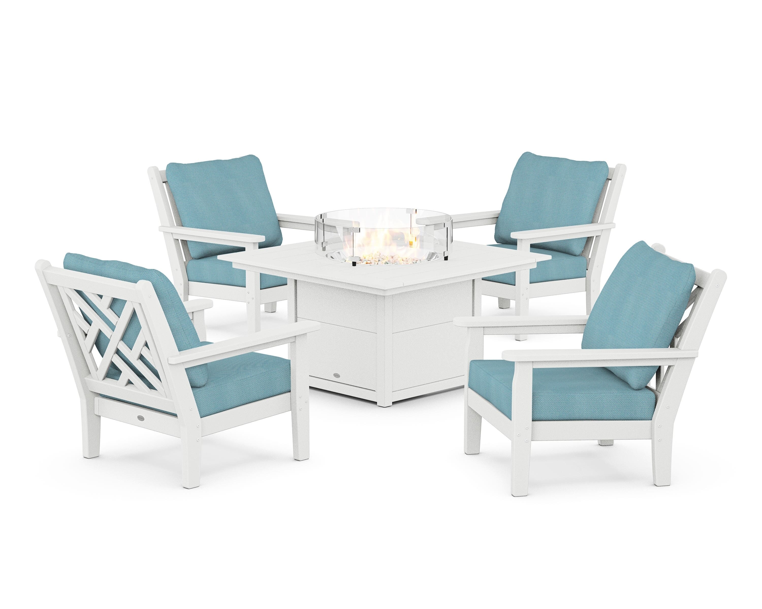 POLYWOOD Chippendale 5-Piece Deep Seating Set with Fire Pit Table in White / Lattice Sky Blue