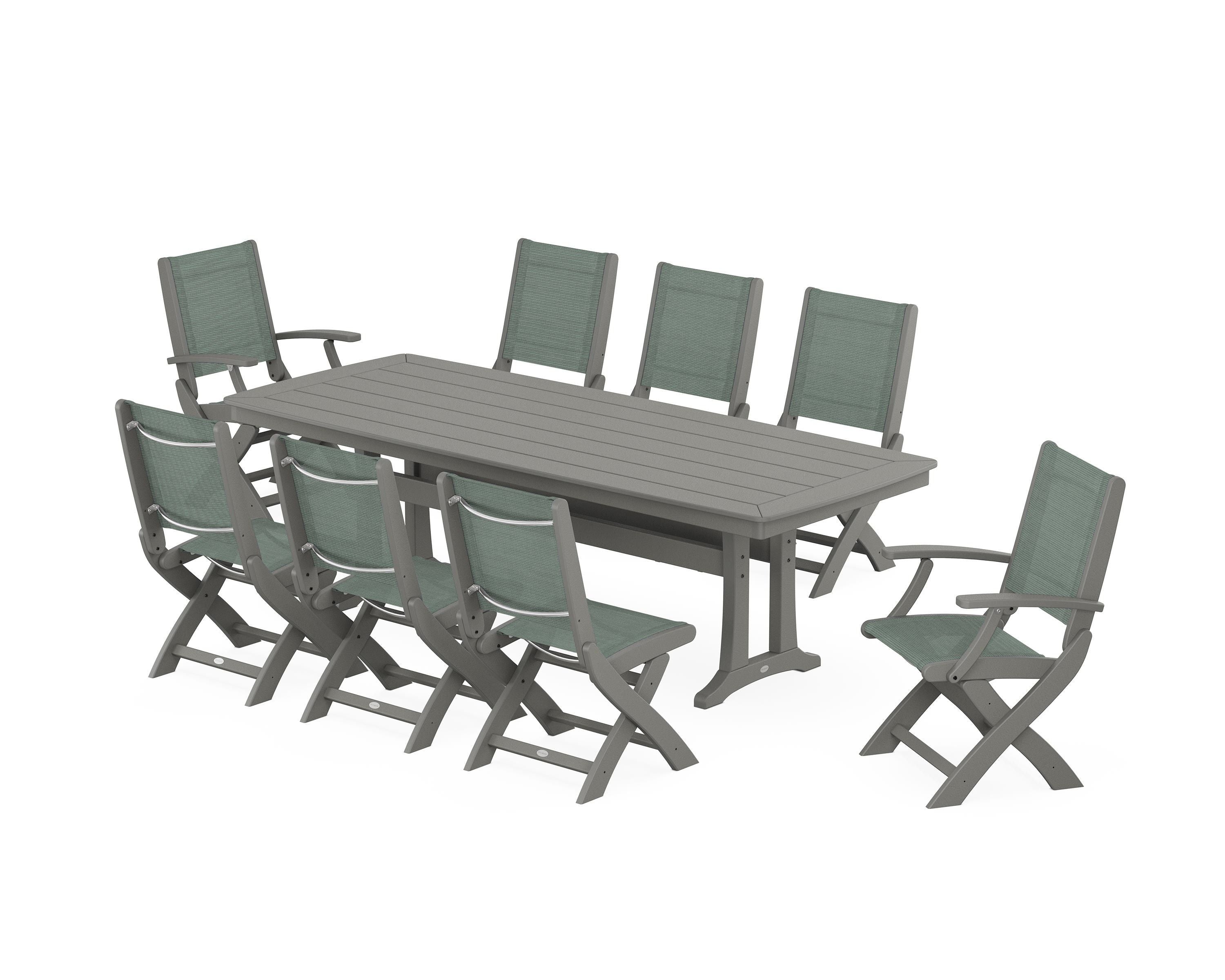 POLYWOOD Coastal Folding 9-Piece Dining Set with Trestle Legs in Slate Grey / Dupioni Sea Mist Sling