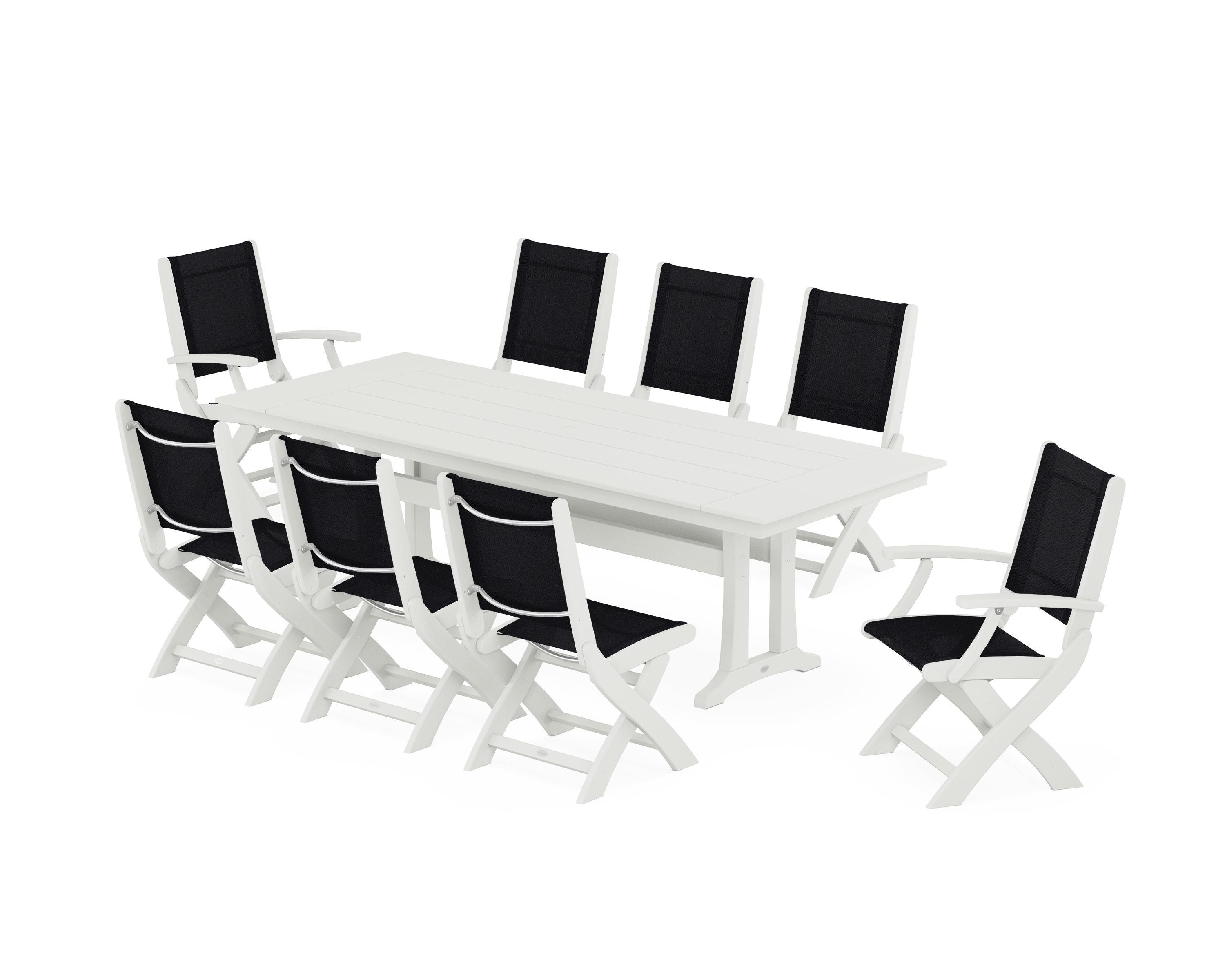 POLYWOOD Coastal 9-Piece Folding Dining Chair Farmhouse Dining Set with Trestle Legs in Vintage White / Black Sling