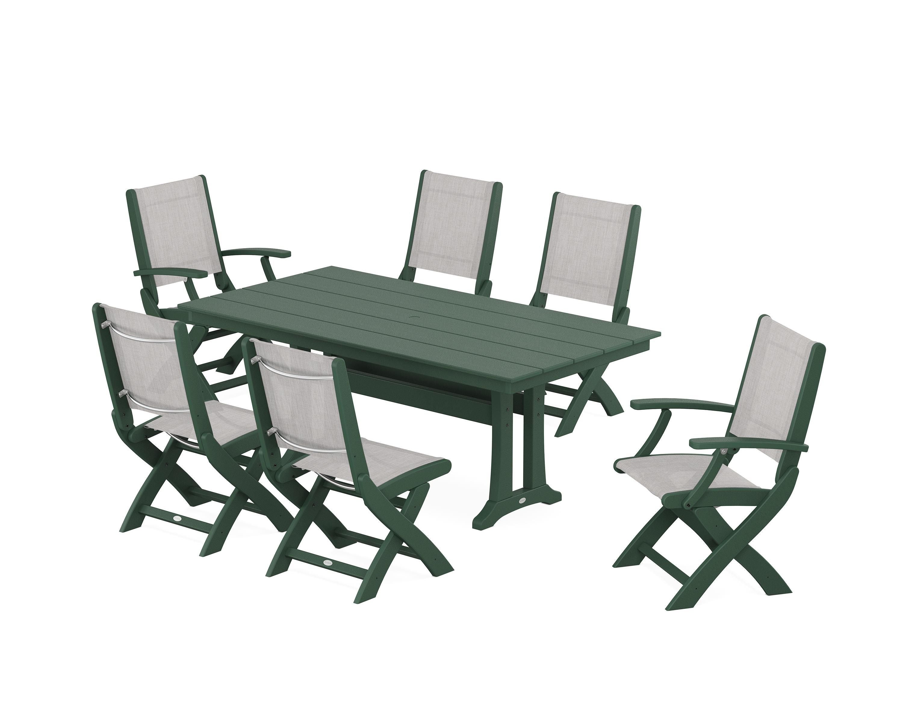POLYWOOD Coastal Folding Chair 7-Piece Farmhouse Dining Set with Trestle Legs in Green / Parchment Sling