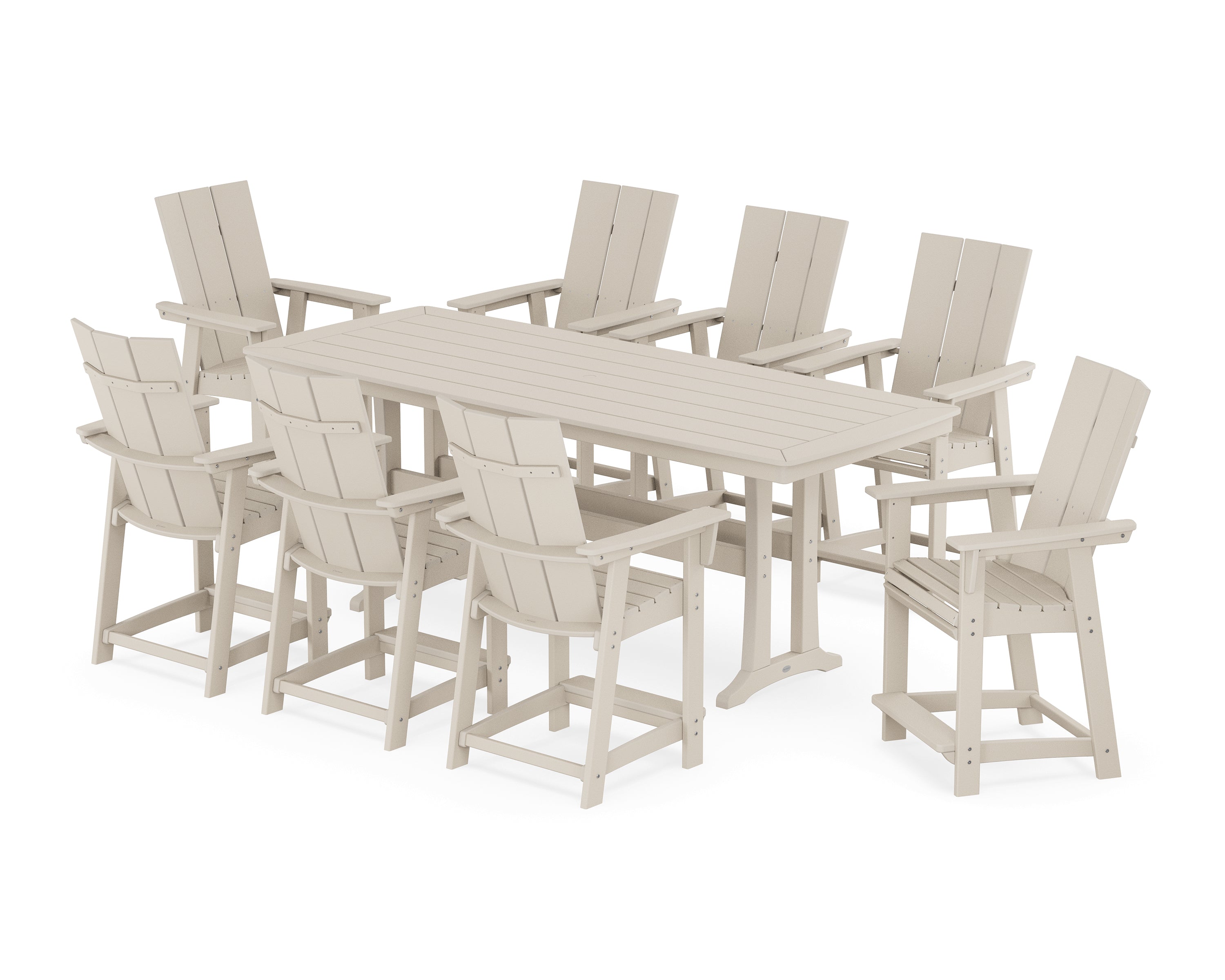 POLYWOOD® Modern Curveback Adirondack 9-Piece Counter Set with Trestle Legs in Sand