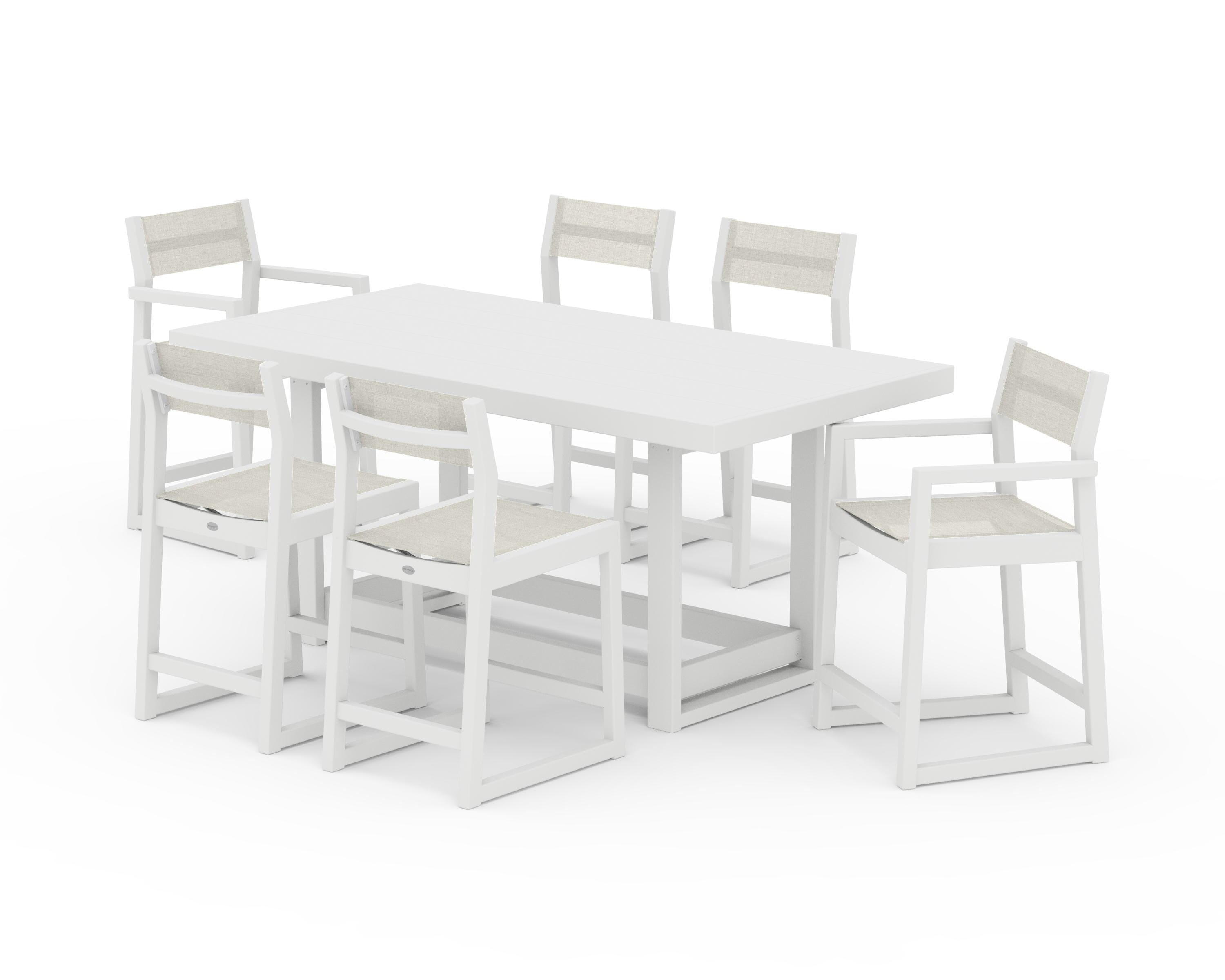 POLYWOOD EDGE Sling 7-Piece Counter Table Set in White / Parchment Sling
