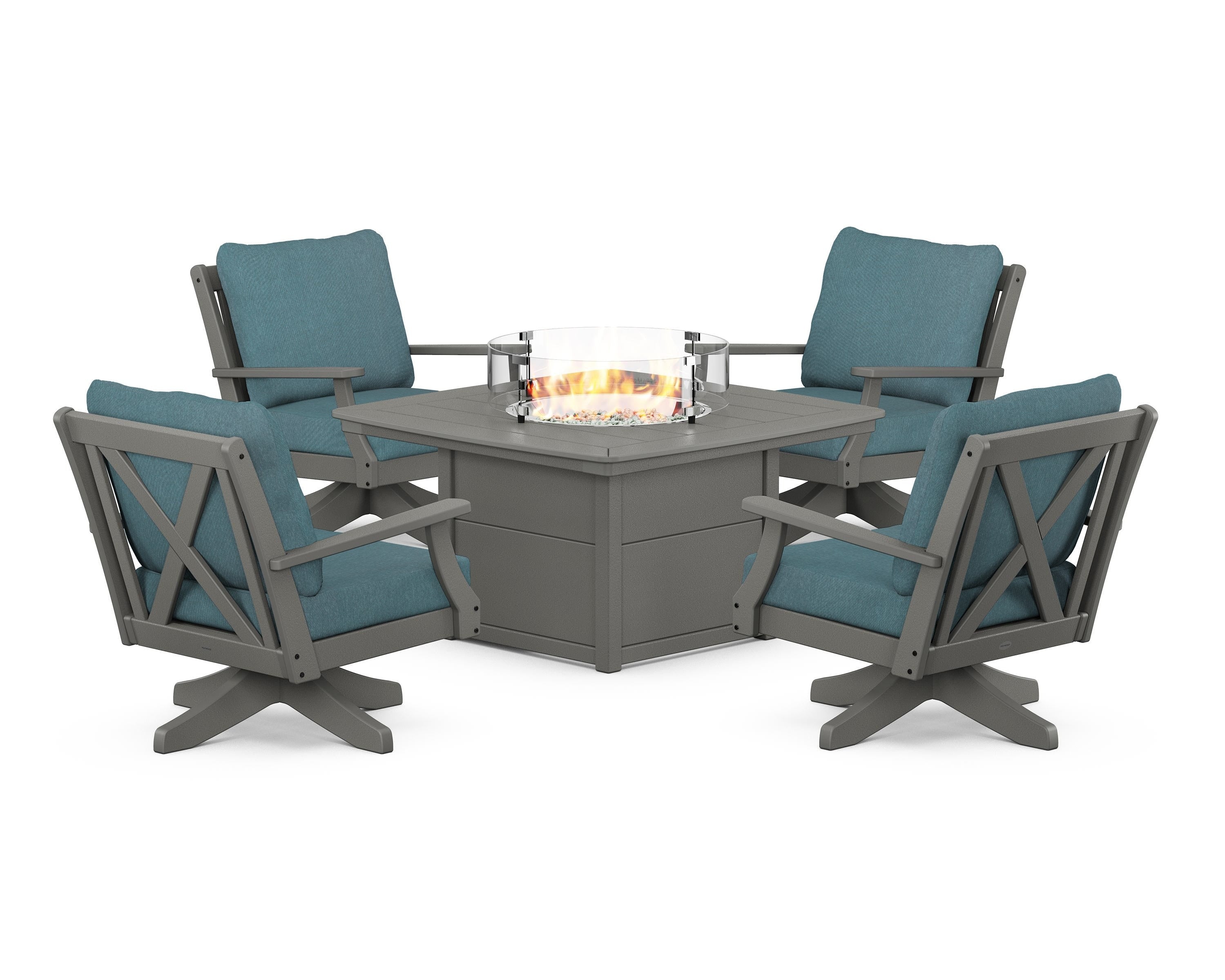 POLYWOOD Braxton 5-Piece Deep Seating Swivel Conversation Set with Fire Pit Table in Slate Grey / Ocean Teal
