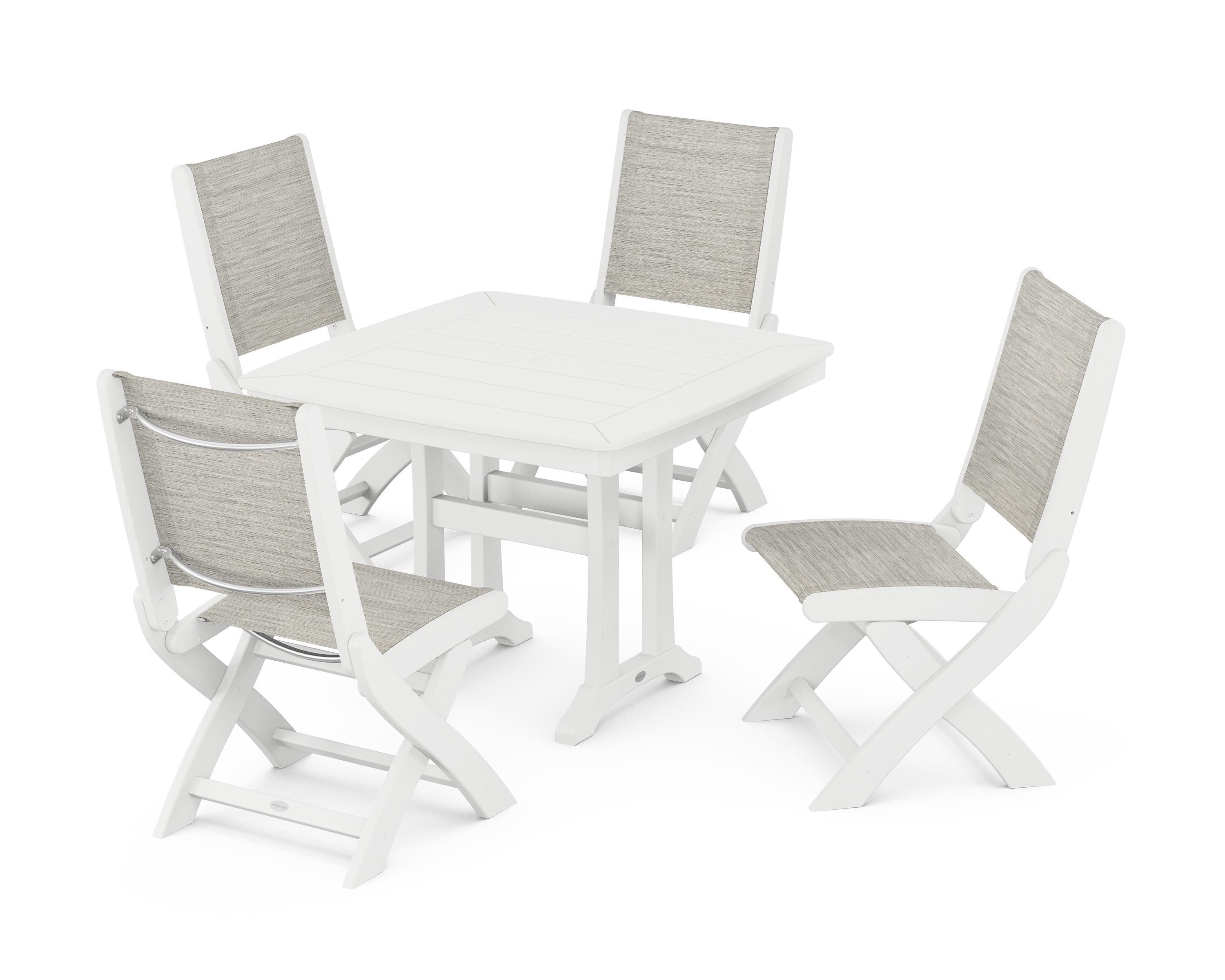 POLYWOOD Coastal Folding Side Chair 5-Piece Dining Set with Trestle Legs in White / Birch Sling