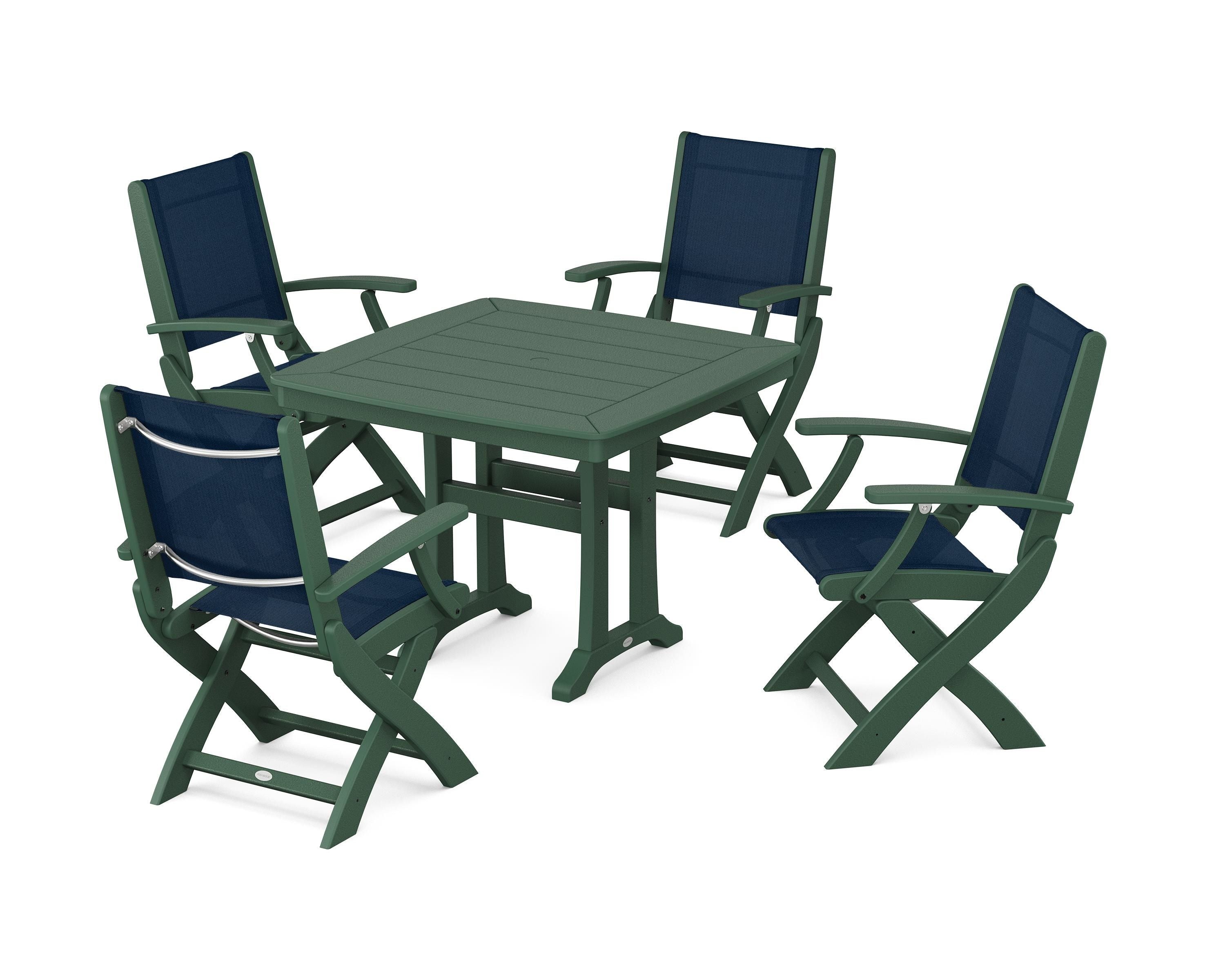 POLYWOOD Coastal Folding Chair 5-Piece Dining Set with Trestle Legs in Green / Navy Blue Sling