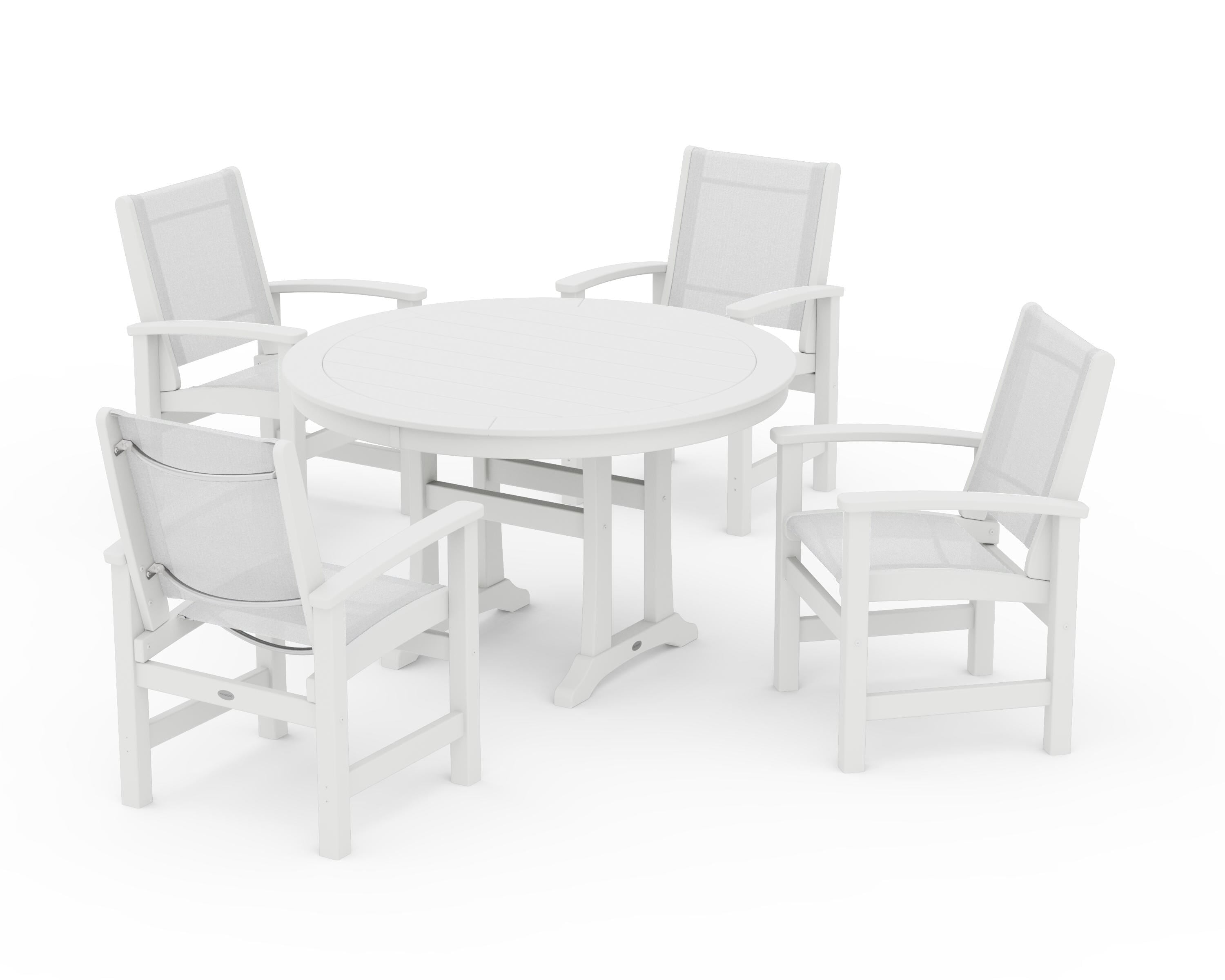 POLYWOOD Coastal 5-Piece Round Dining Set with Trestle Legs in White / White Sling