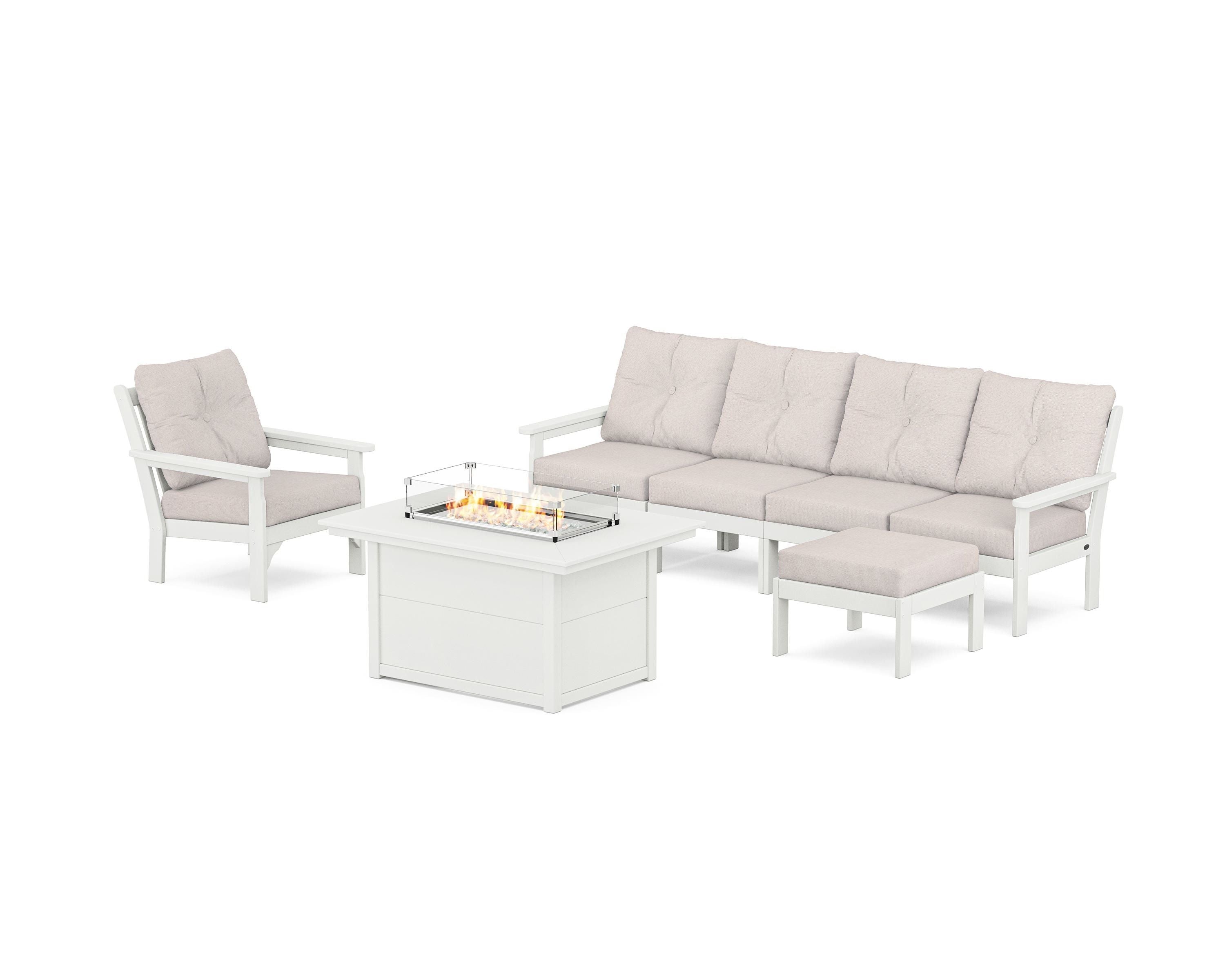 POLYWOOD Vineyard Sectional Lounge and Fire Pit Set in Vintage White / Dune Burlap