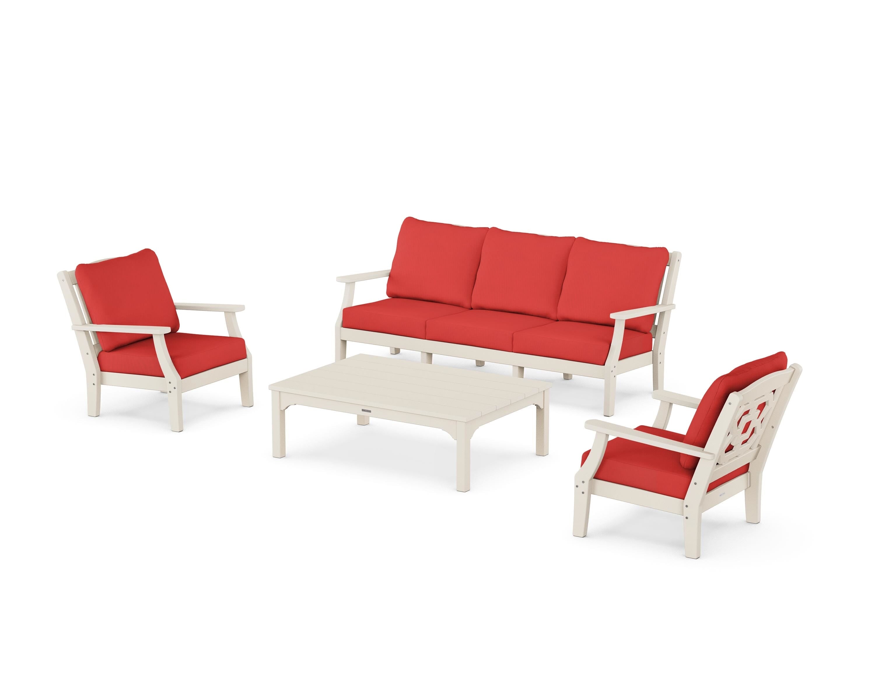 Martha Stewart by POLYWOOD Chinoiserie 4-Piece Deep Seating Set with Sofa in Sand / Crimson Linen