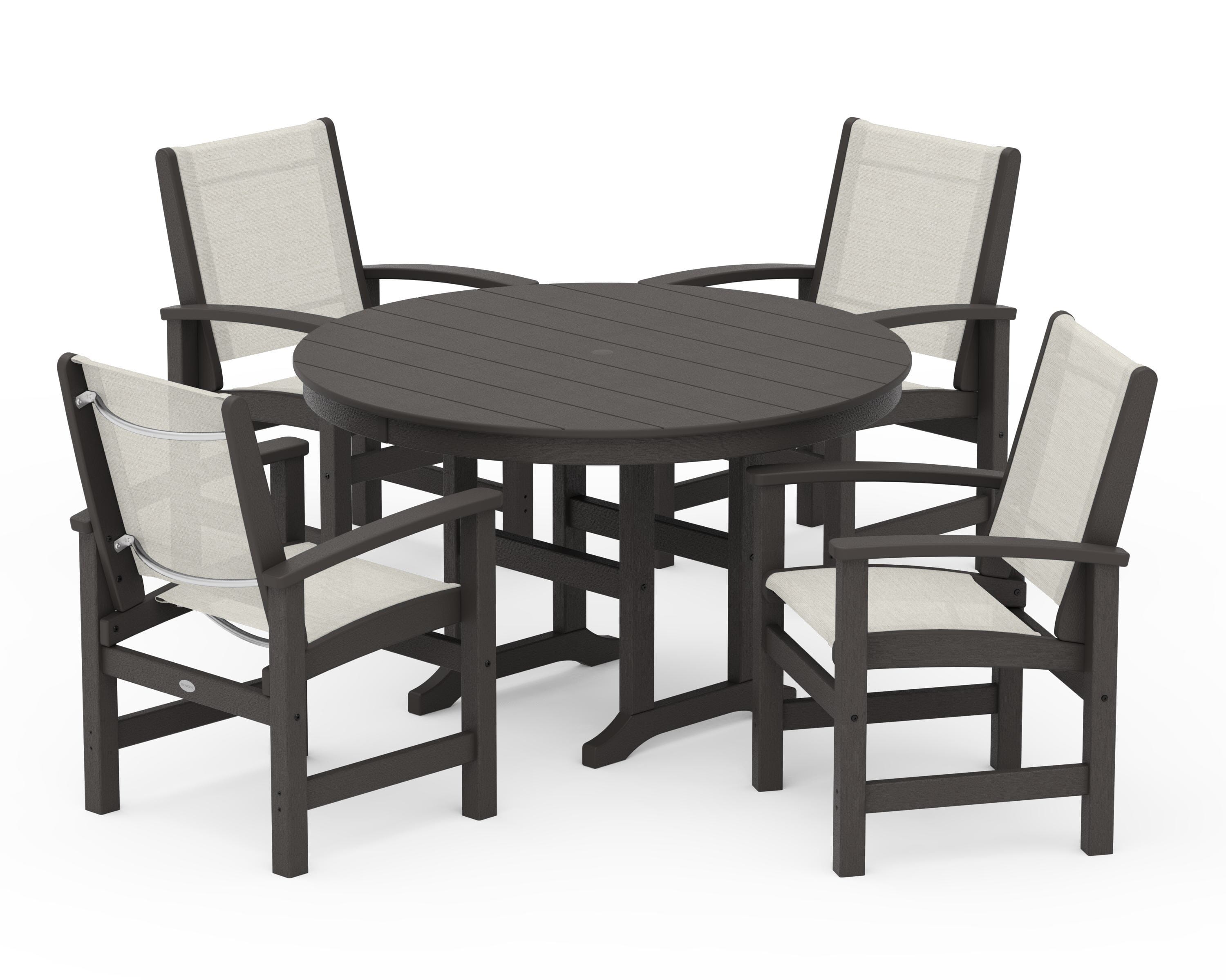 POLYWOOD Coastal 5-Piece Round Farmhouse Dining Set in Vintage Coffee / Parchment Sling