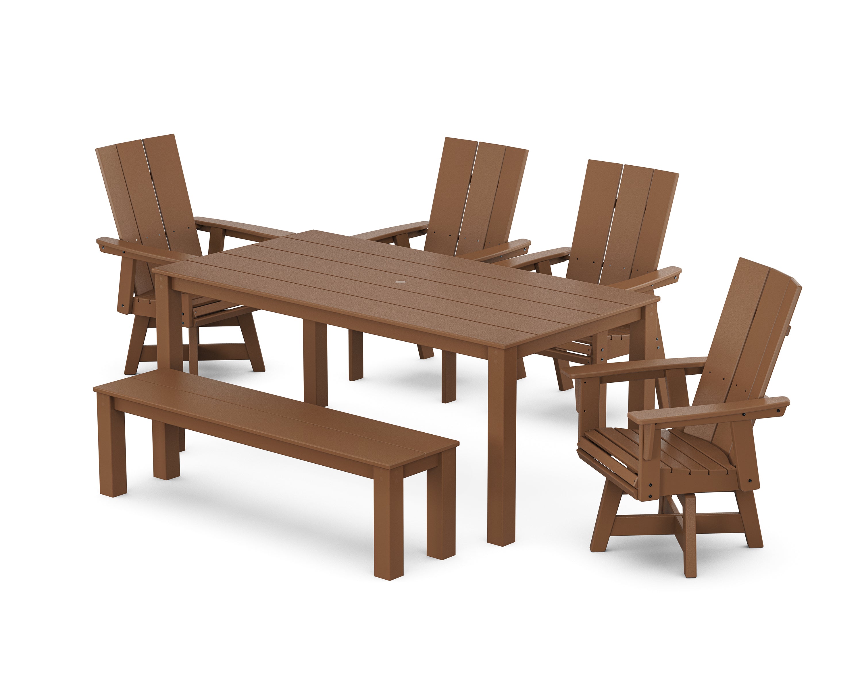 POLYWOOD® Modern Curveback Adirondack 6-Piece Parsons Swivel Dining Set with Bench in Teak