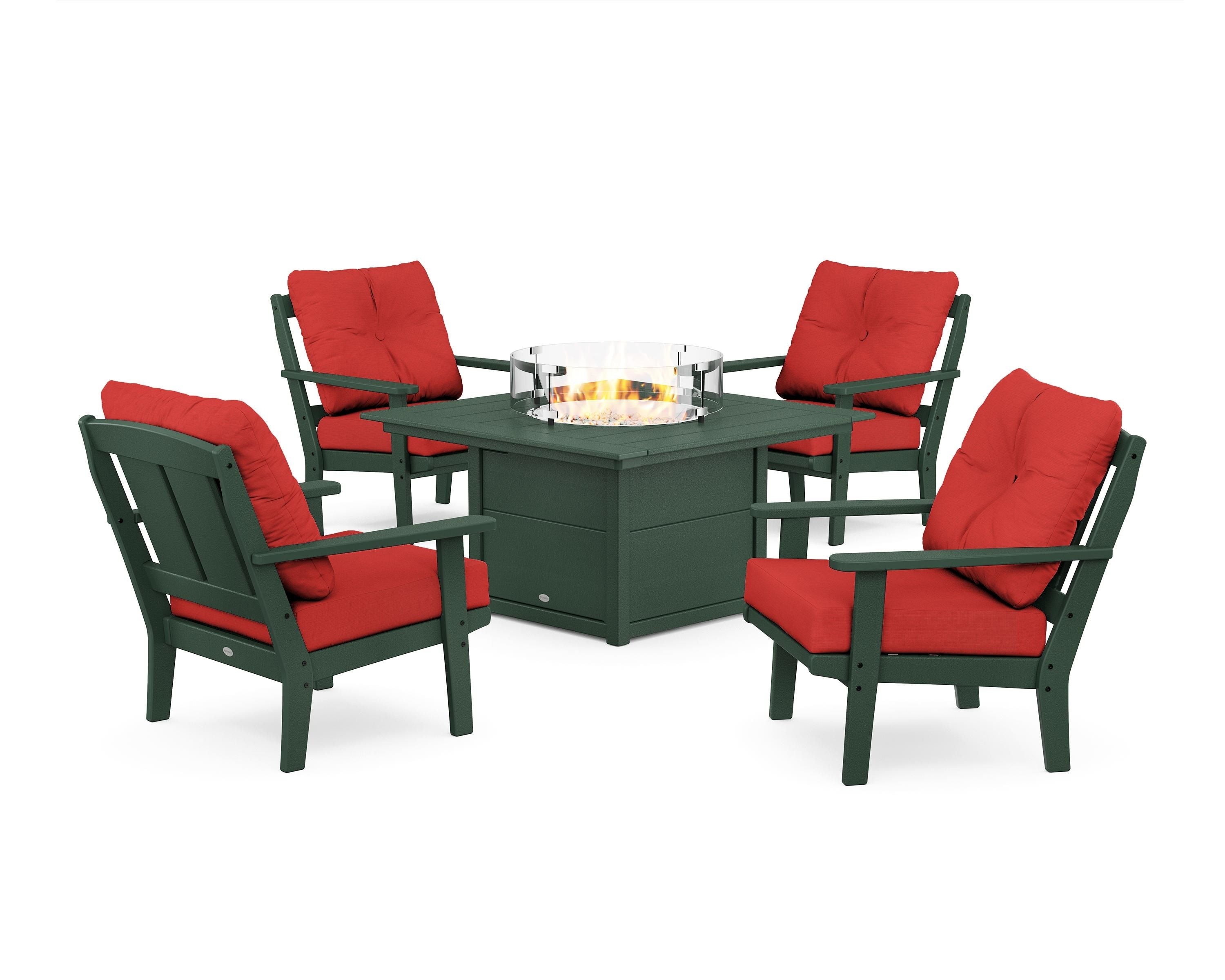 POLYWOOD Mission 5-Piece Deep Seating Set with Fire Pit Table in Green / Crimson Linen