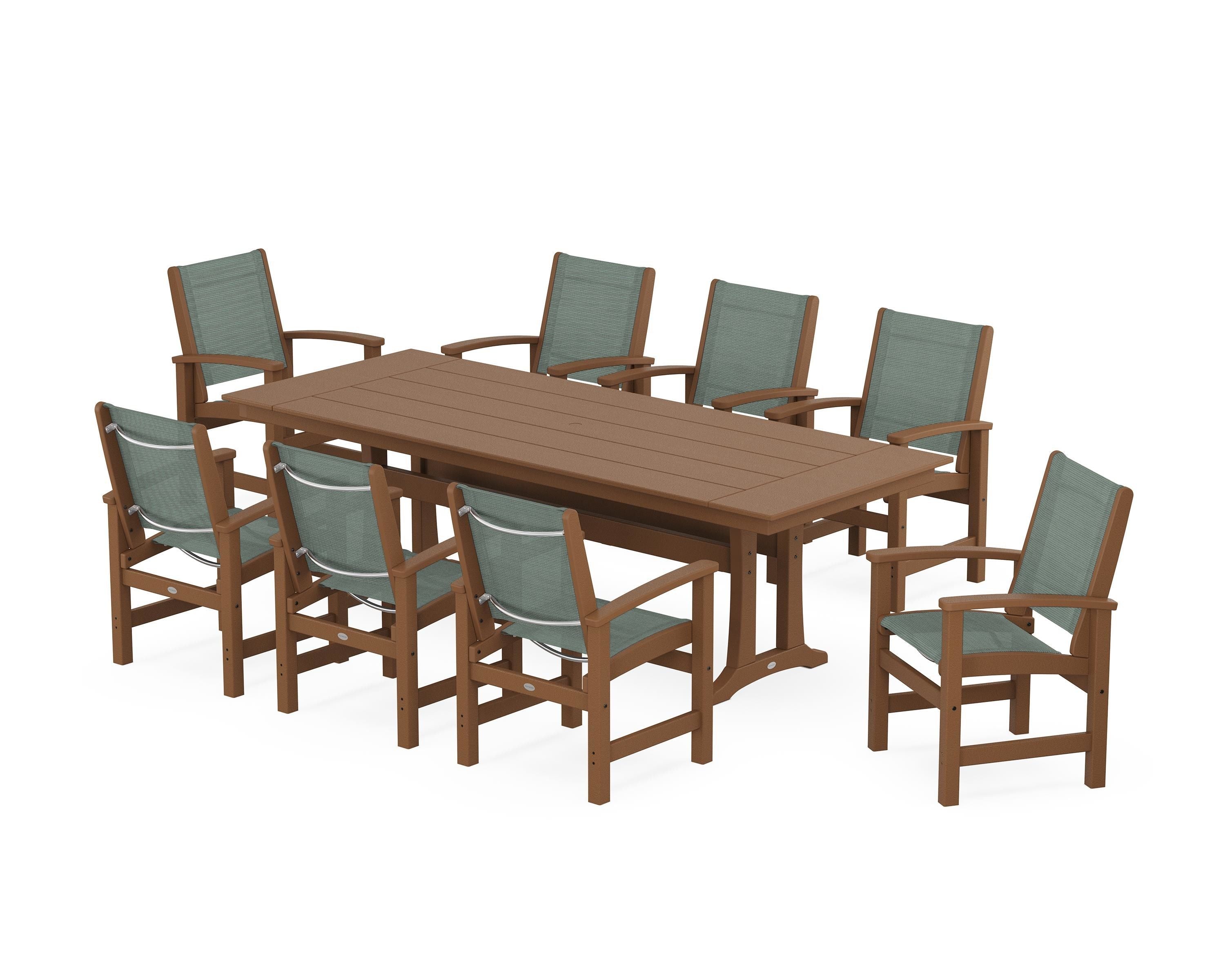 POLYWOOD Coastal 9-Piece Farmhouse Dining Set with Trestle Legs in Teak / Dupioni Sea Mist Sling