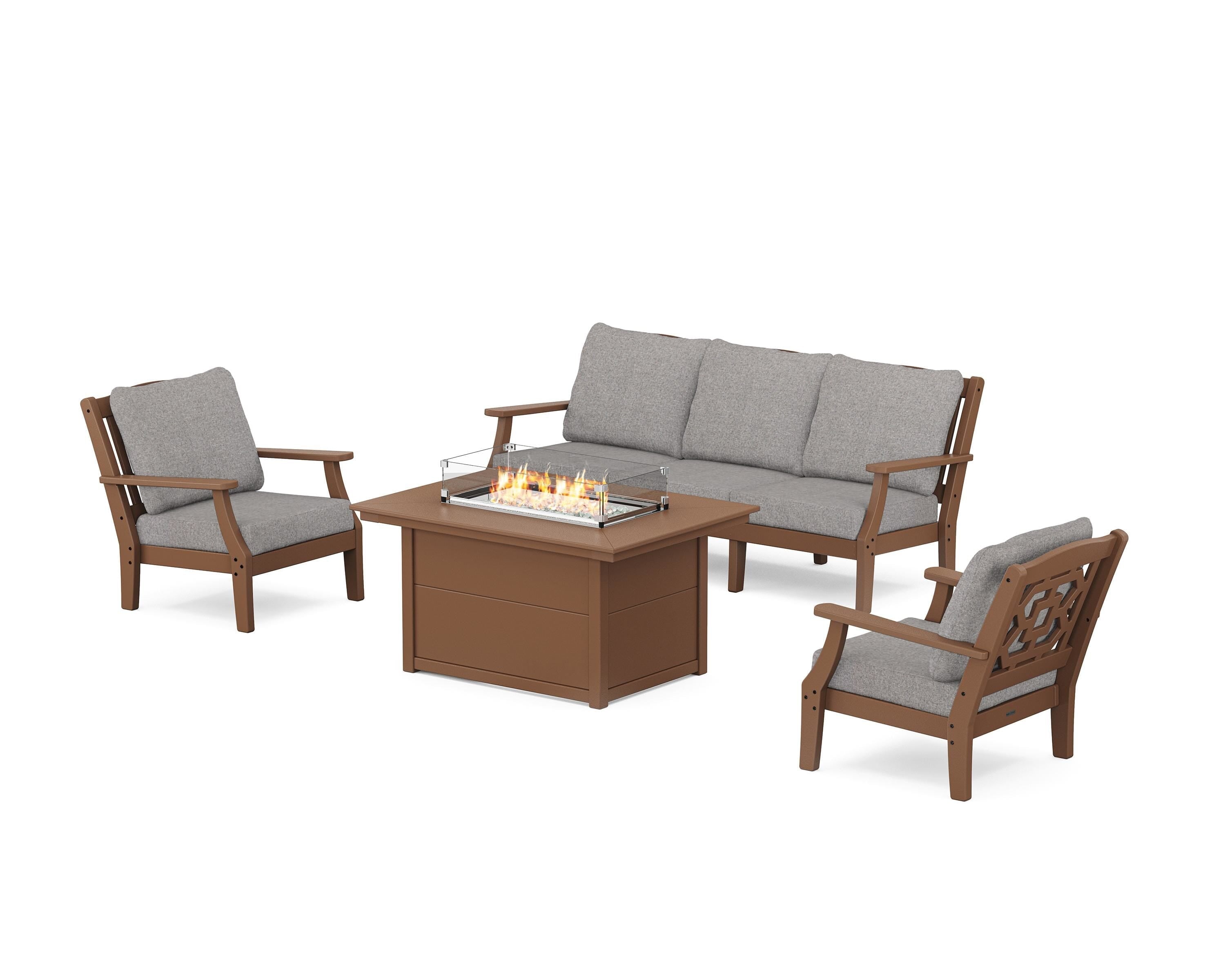 Martha Stewart by POLYWOOD Chinoiserie Deep Seating Fire Pit Table Set in Teak / Grey Mist