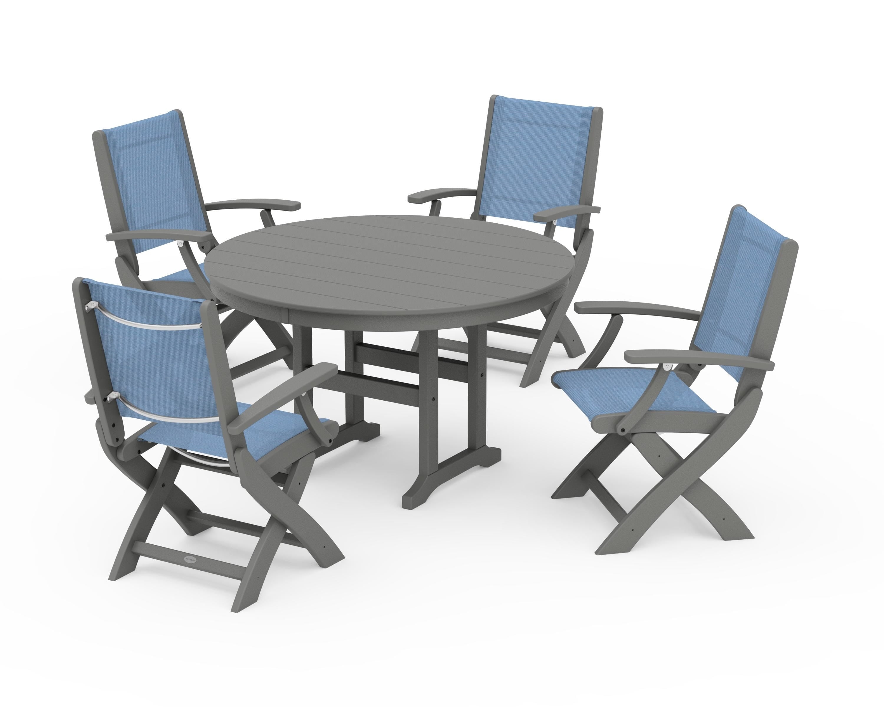 POLYWOOD Coastal Folding Chair 5-Piece Round Dining Set in Slate Grey / Poolside Sling