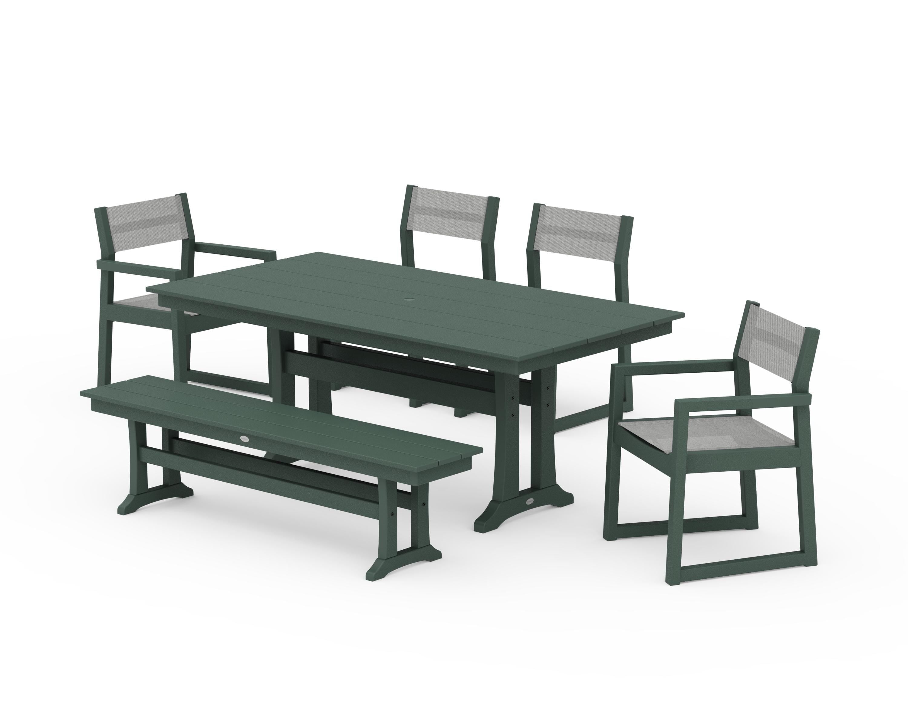POLYWOOD EDGE Sling 6-Piece Farmhouse Dining Set With Trestle Legs in Green / Metallic Sling