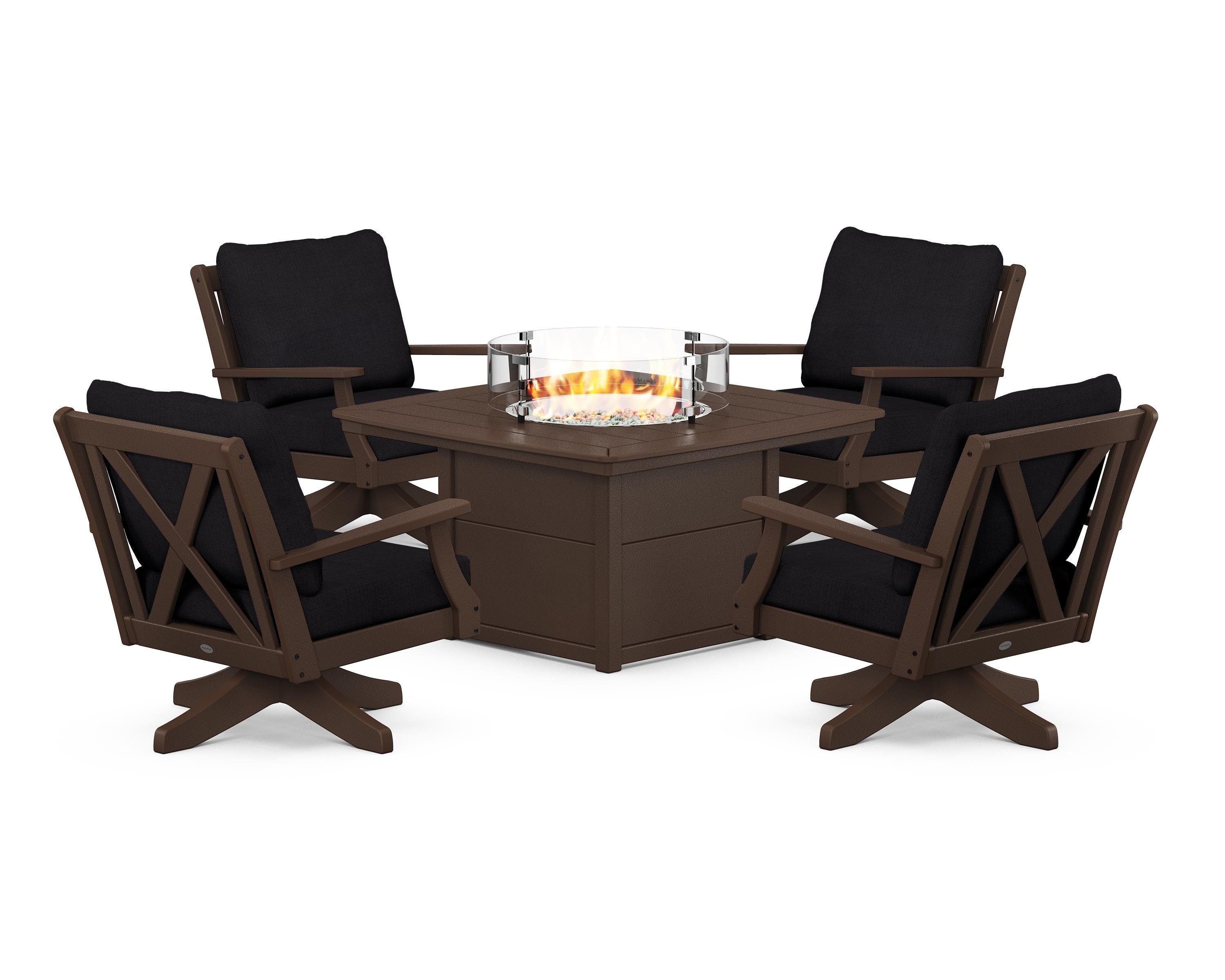 POLYWOOD Braxton 5-Piece Deep Seating Swivel Conversation Set with Fire Pit Table in Mahogany / Midnight Linen