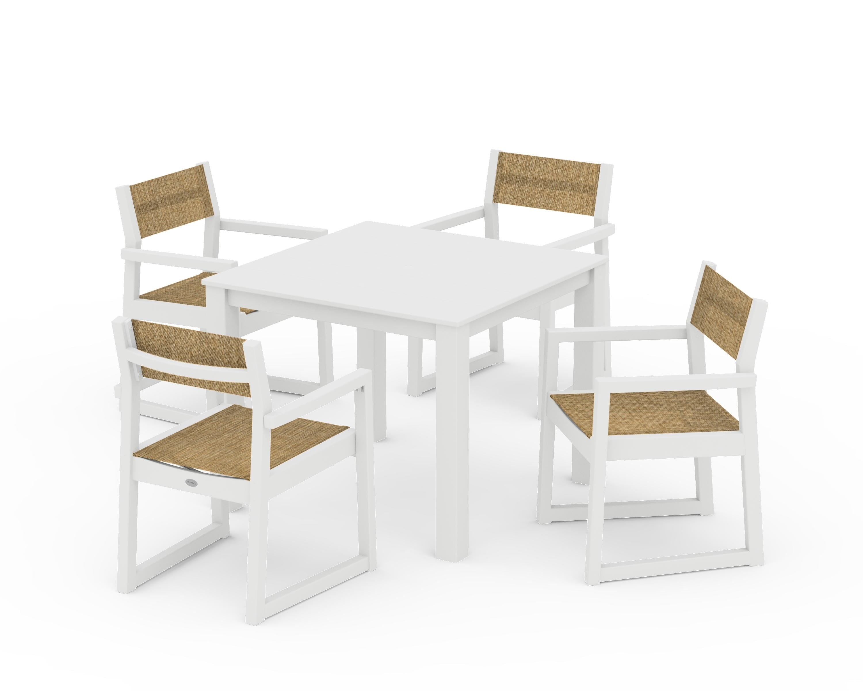 POLYWOOD EDGE Sling Arm Chair 5-Piece Parsons Dining Set in White / Burlap Sling