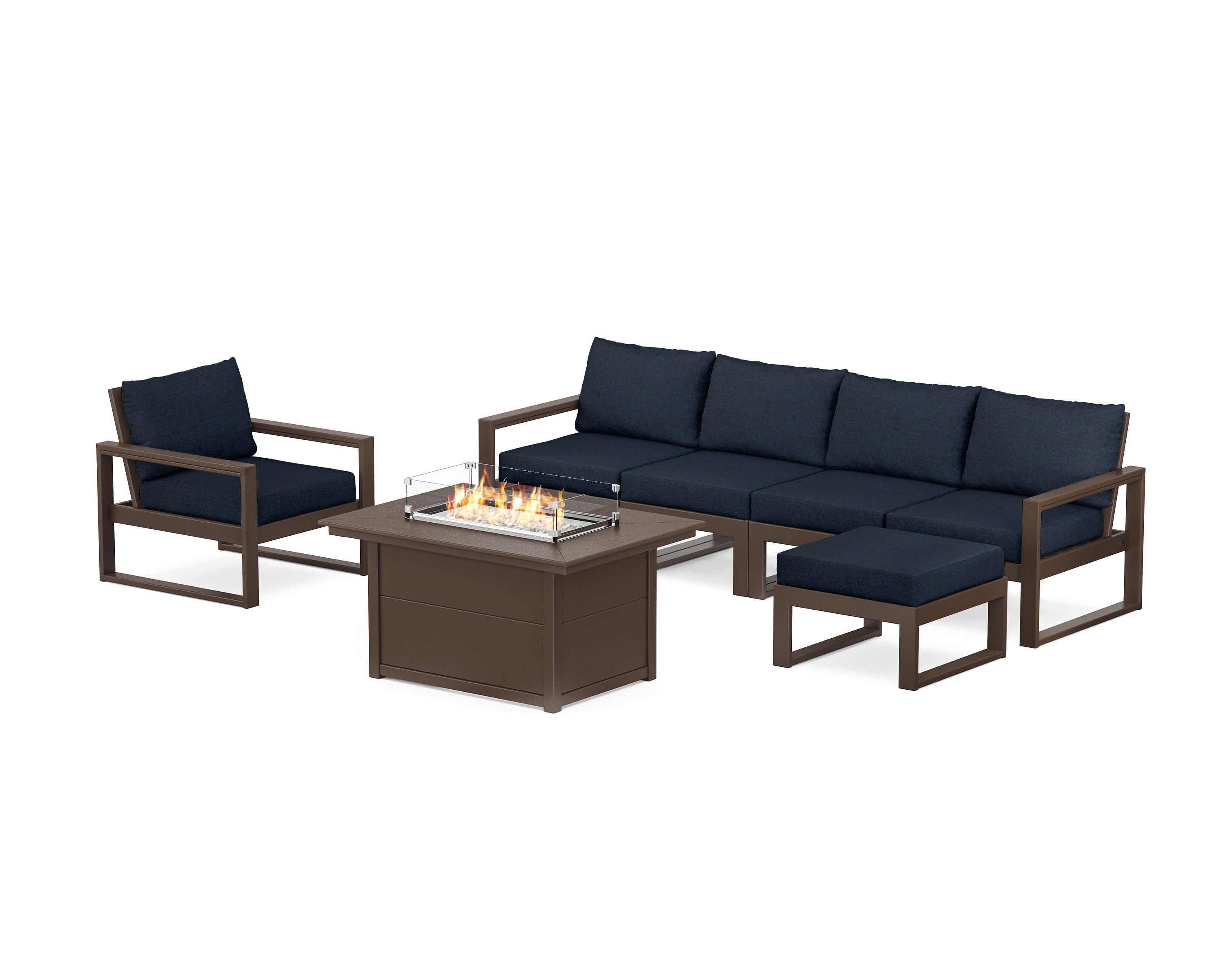 POLYWOOD EDGE Sectional Lounge and Fire Pit Set in Mahogany / Marine Indigo