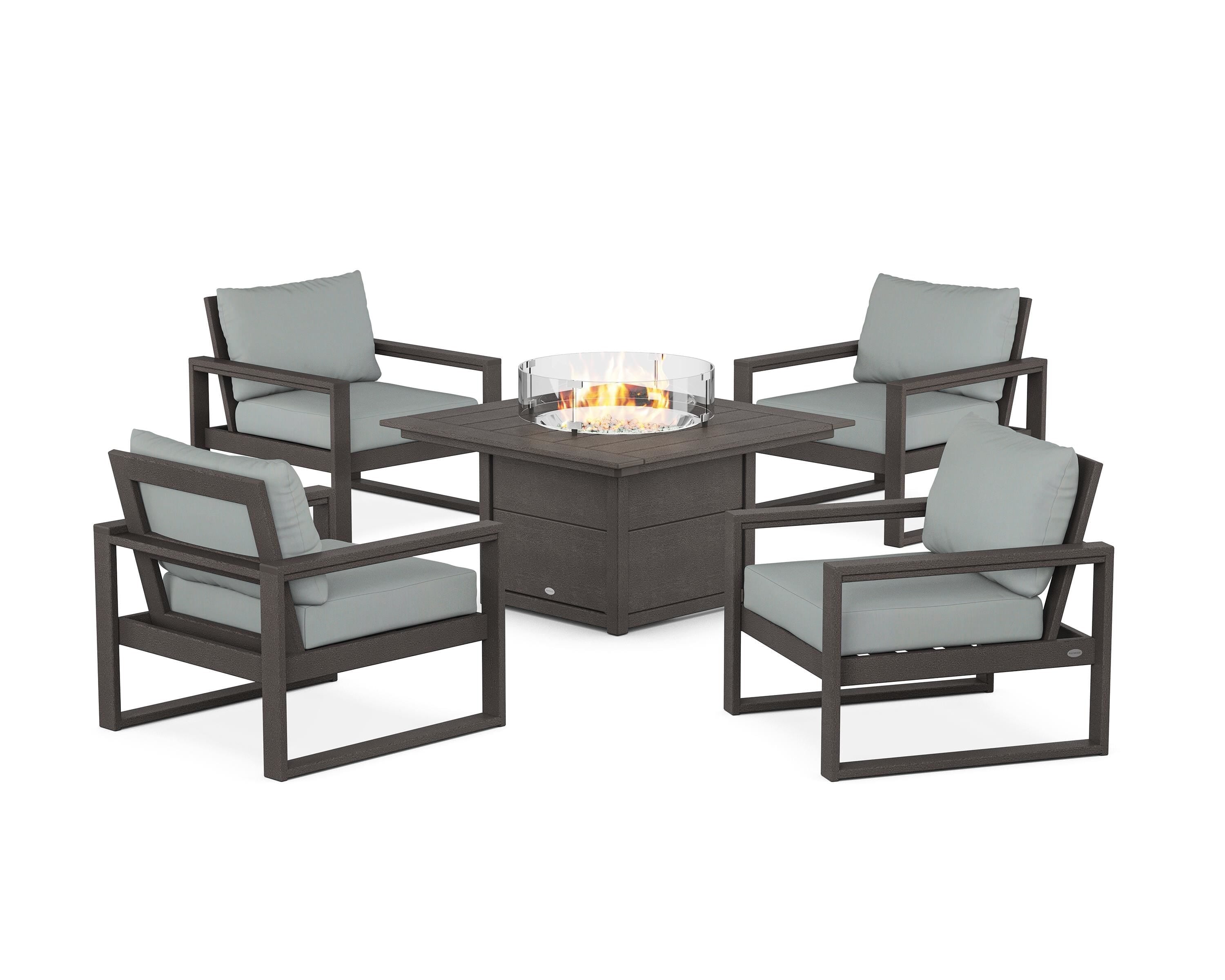 POLYWOOD EDGE Sectional 5-Piece Deep Seating Set with Fire Pit Table in Vintage Coffee / Spa