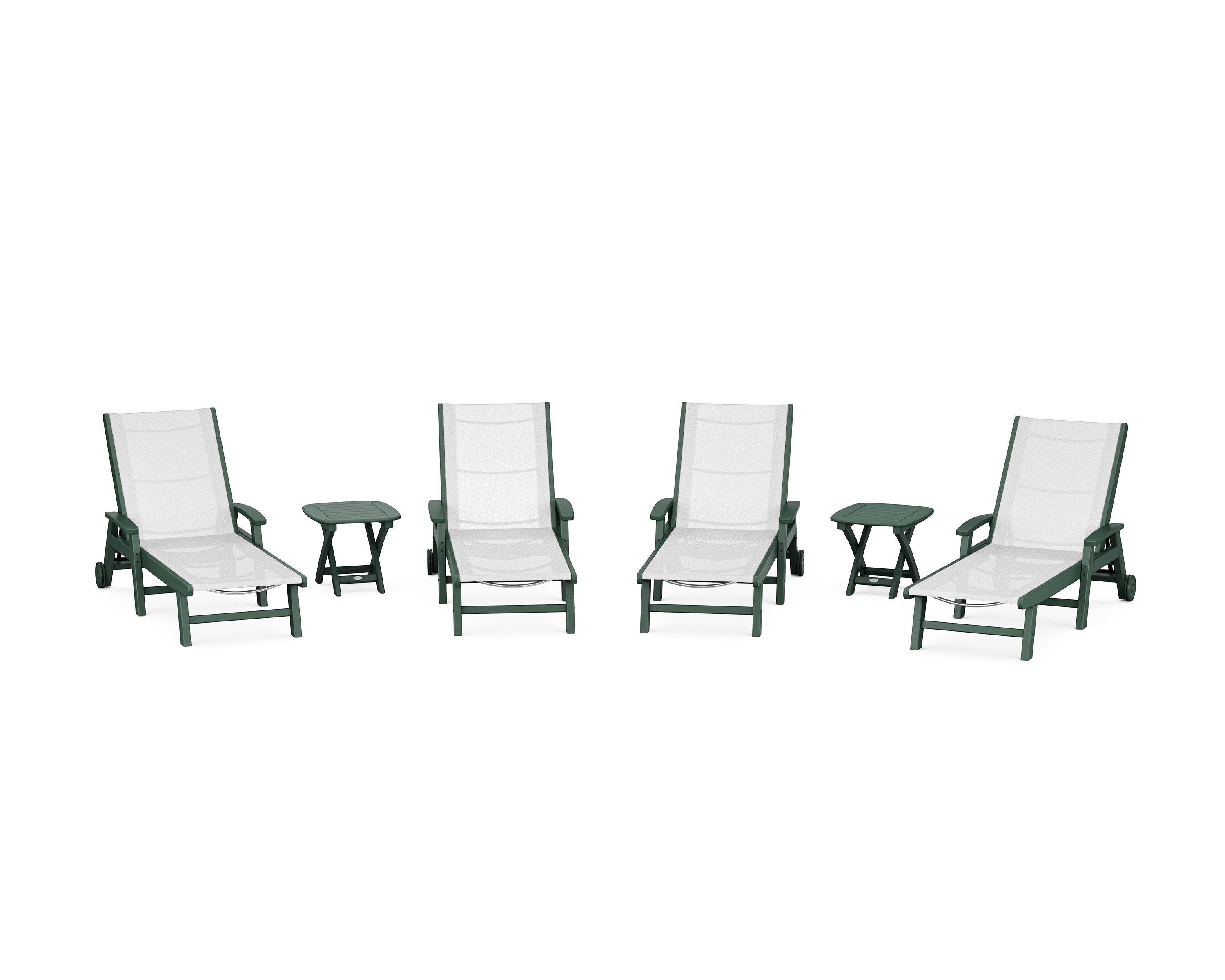 POLYWOOD Coastal Chaise 6-Piece Set with Wheels in Green / White Sling