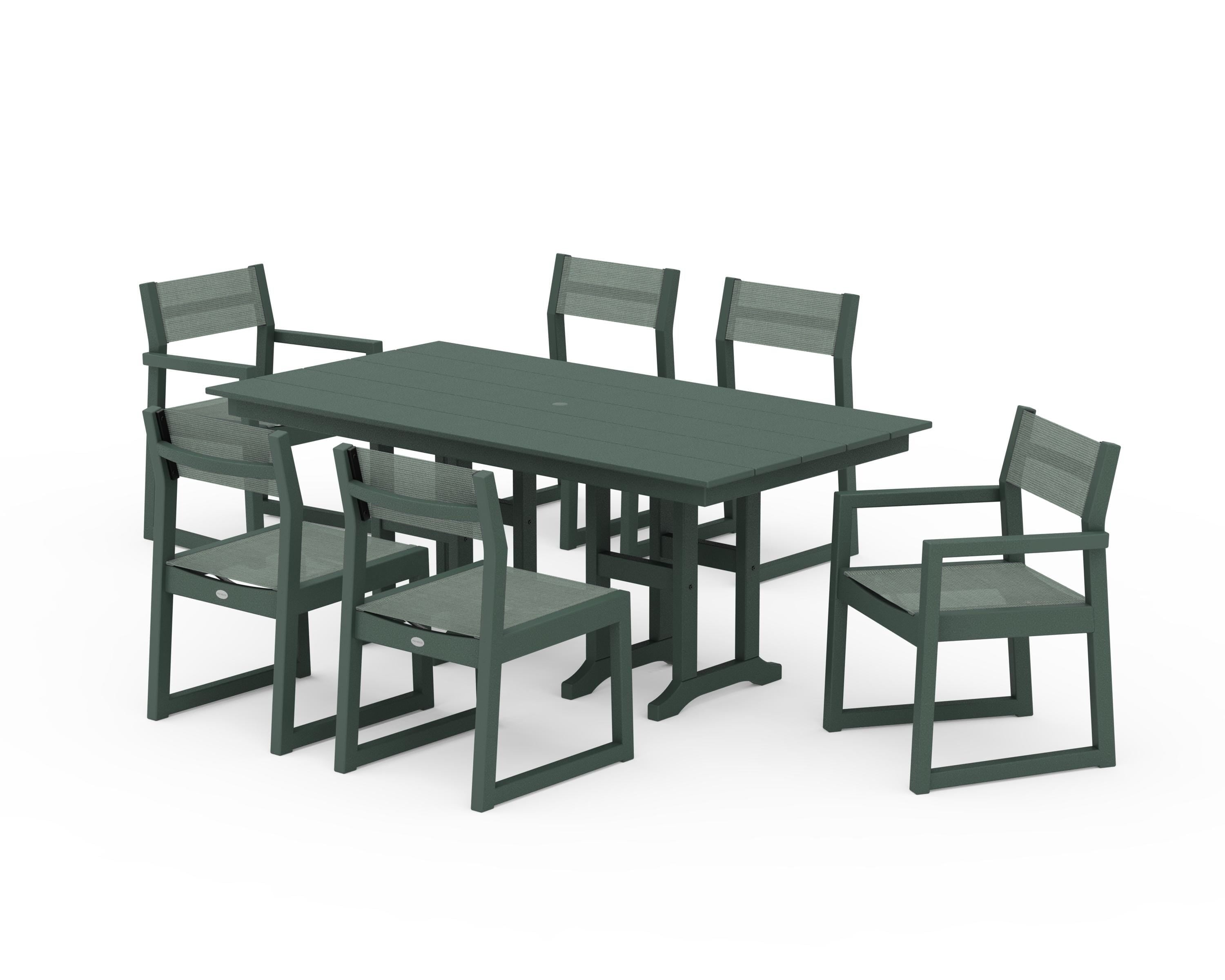 POLYWOOD EDGE Sling 7-Piece Farmhouse Dining Set in Green / Dupioni Sea Mist Sling