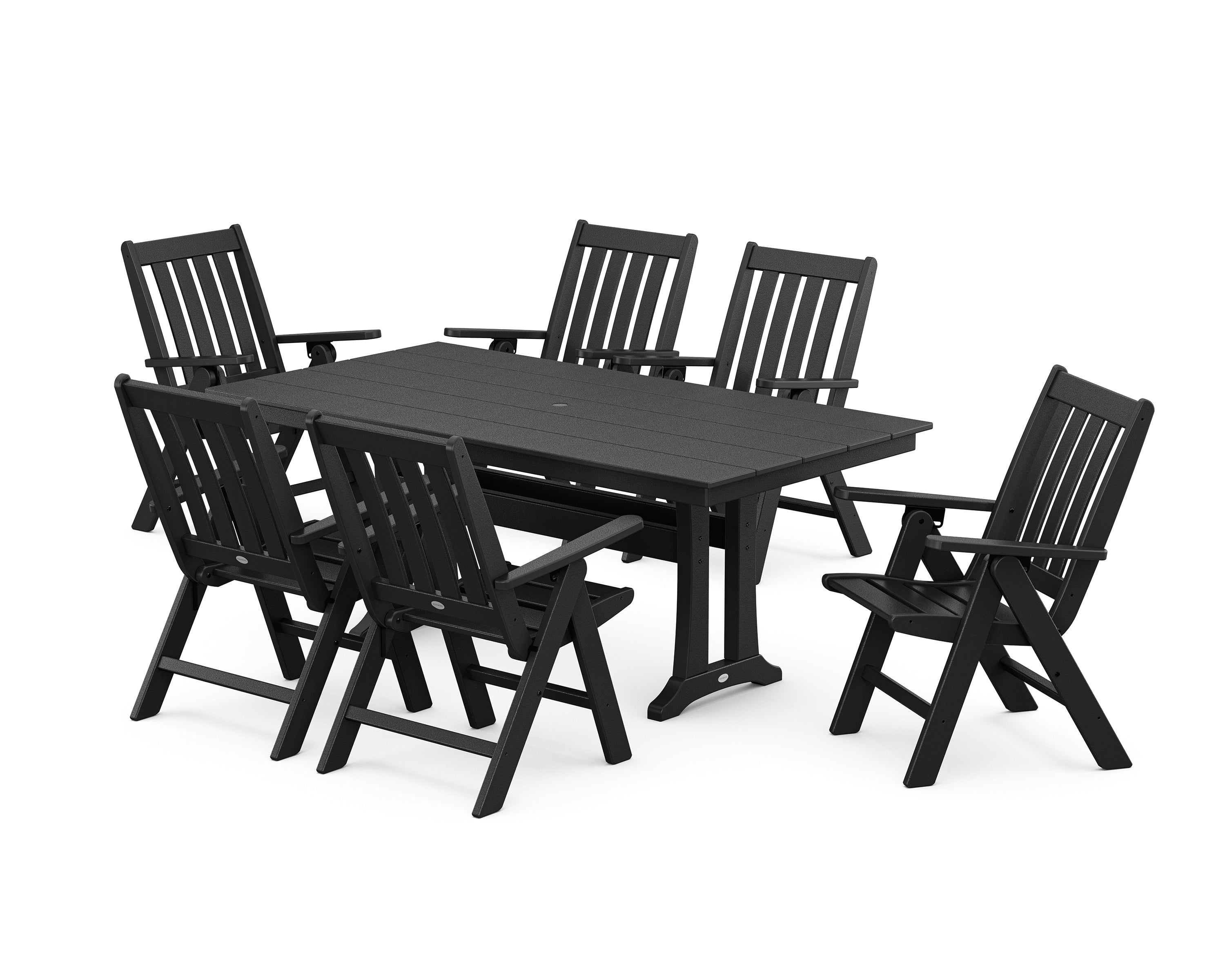 POLYWOOD Vineyard Folding Chair 7-Piece Farmhouse Dining Set with Trestle Legs in Black