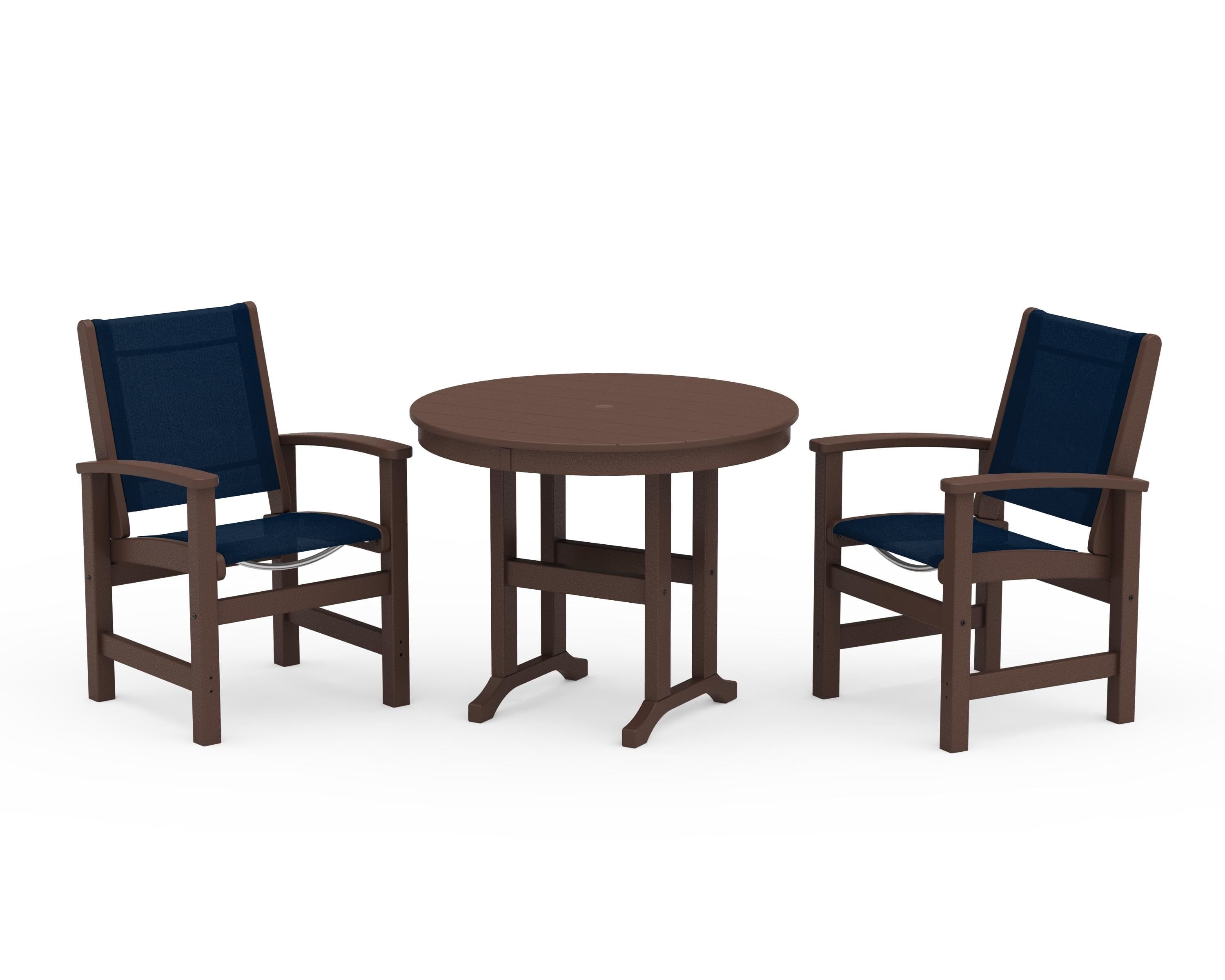 POLYWOOD Coastal 3-Piece Round Dining Set in Mahogany / Navy Blue Sling