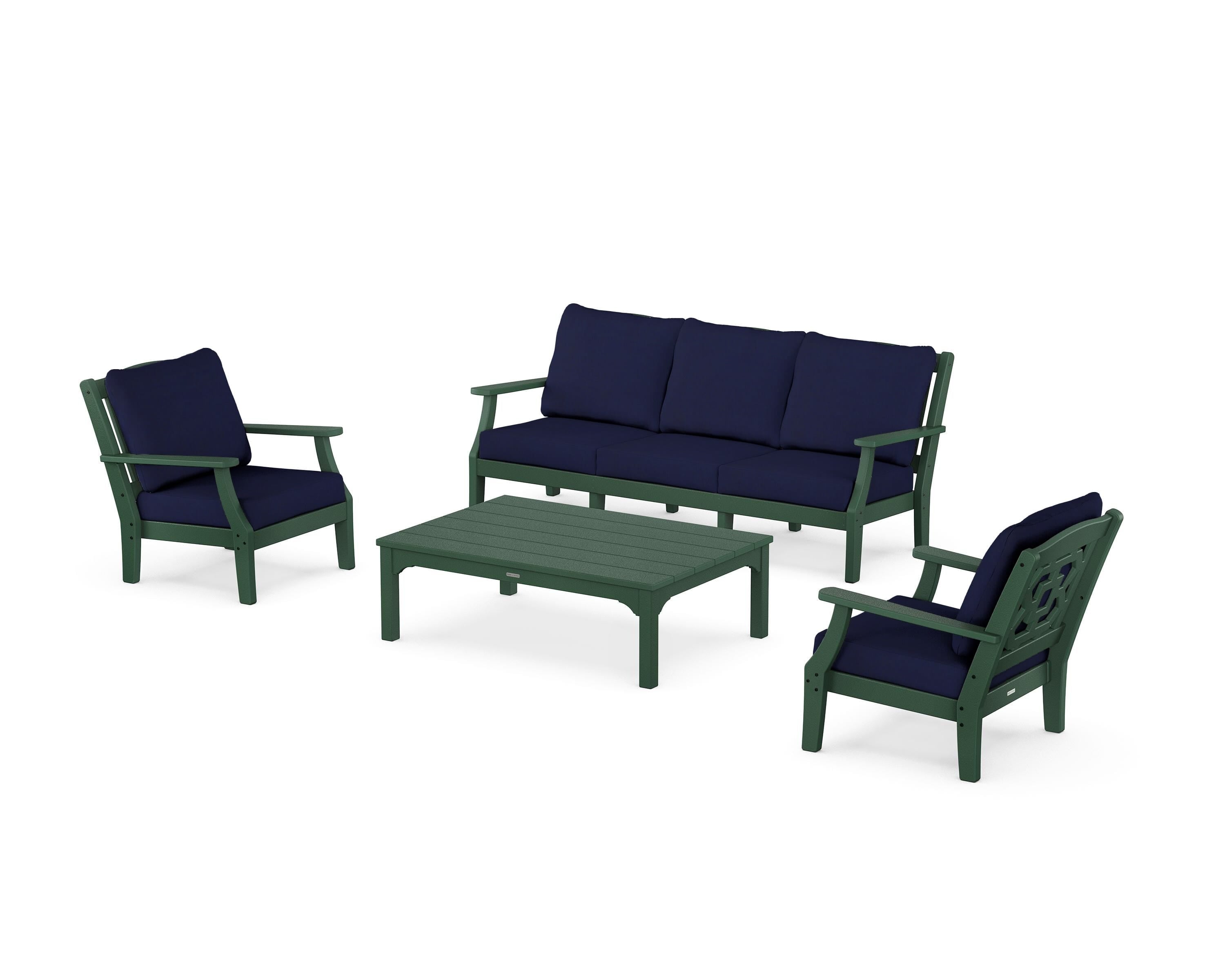 Martha Stewart by POLYWOOD Chinoiserie 4-Piece Deep Seating Set with Sofa in Green / Navy