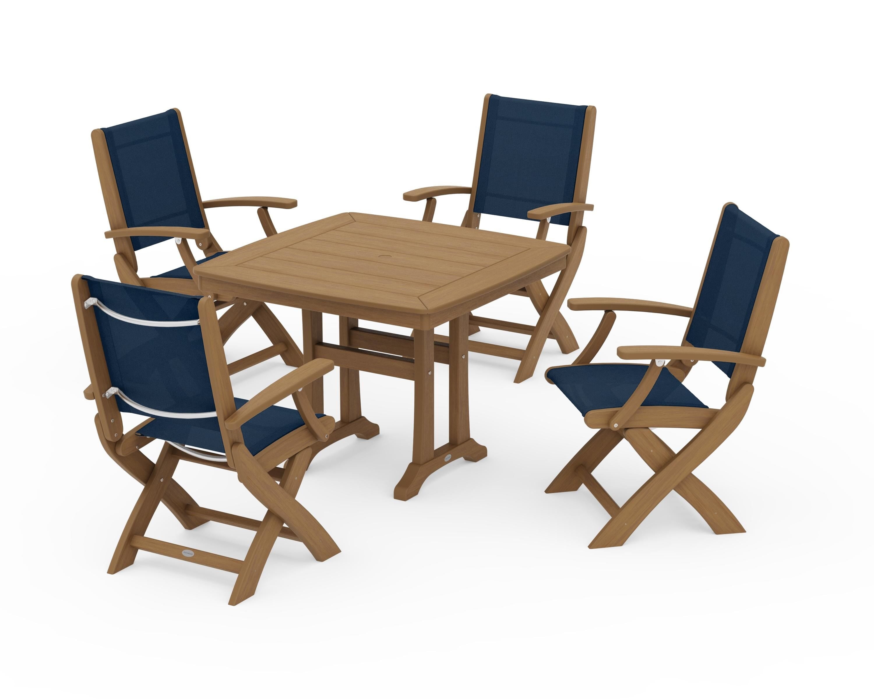 POLYWOOD Coastal Folding Chair 5-Piece Dining Set with Trestle Legs in Natural / Navy Blue Sling