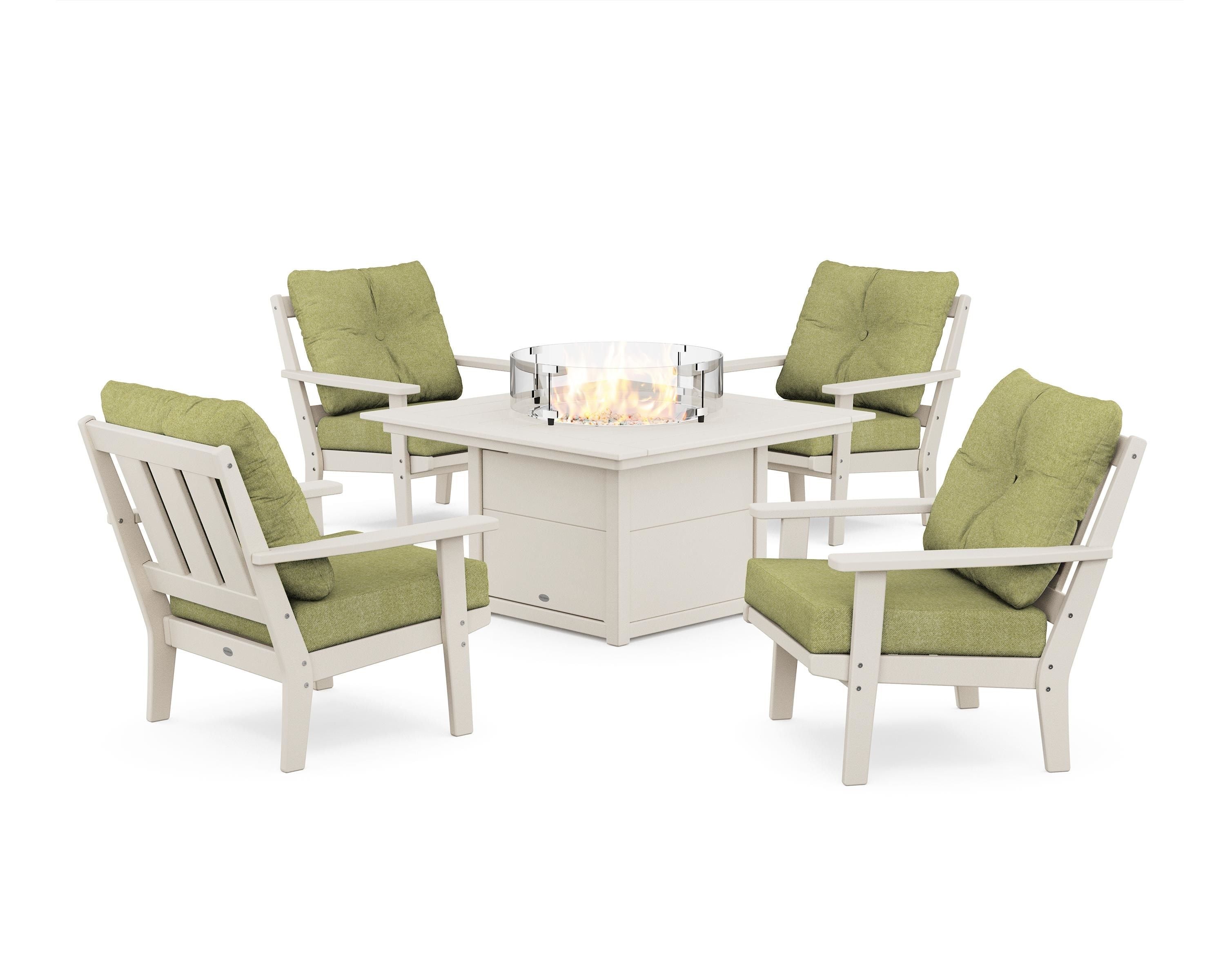 POLYWOOD Oxford 5-Piece Deep Seating Set with Fire Pit Table in Sand / Chartreuse Boucle