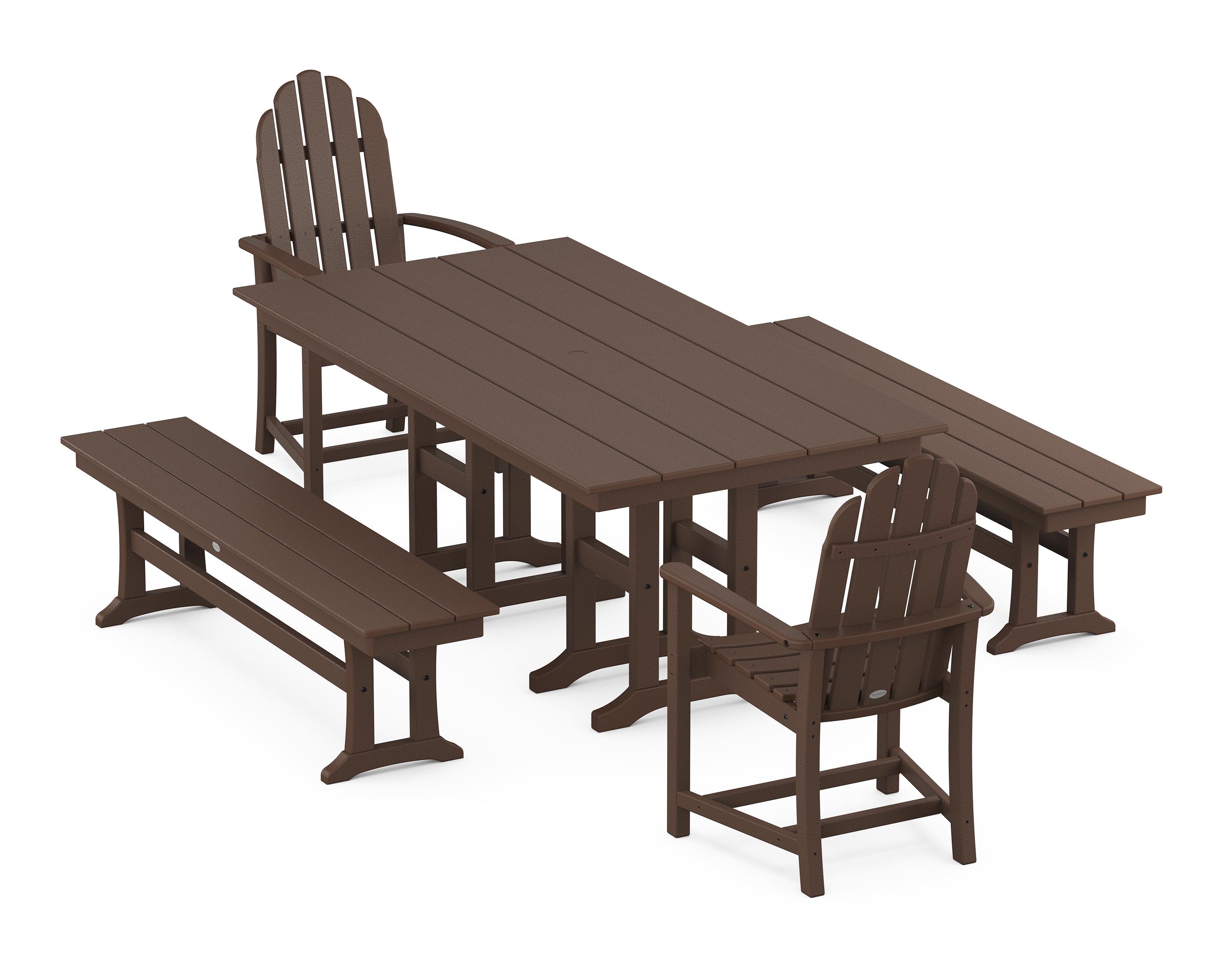 POLYWOOD® Classic Adirondack 5-Piece Farmhouse Dining Set with Benches in Mahogany